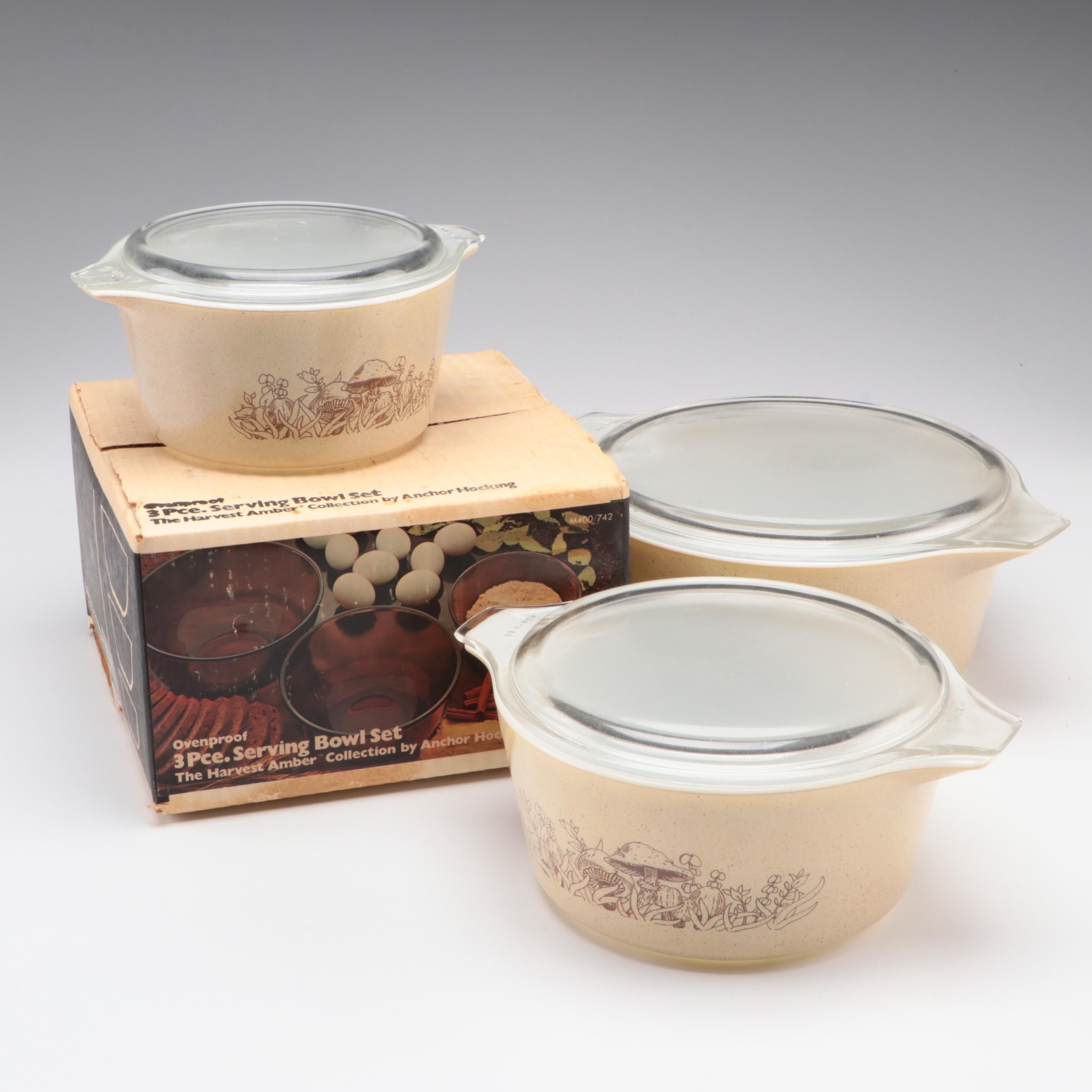Pyrex "Forest Fancies" Casserole Set with Anchor Hocking "Harvest Amber" Bowls