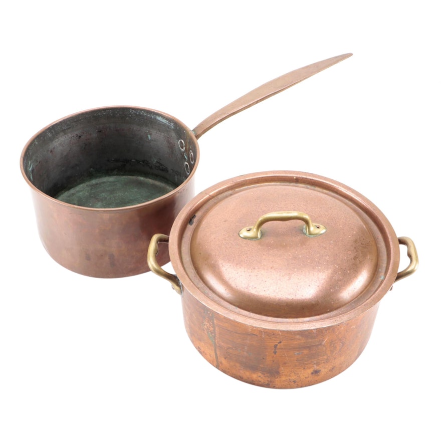 Bazar Français Brass Handled Copper Pot with Other Dovetailed Copper Sauce Pan