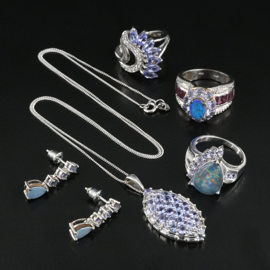 Tanzanite, Opal Triplet and Rhodolite Garnet Featured in Sterling Jewelry