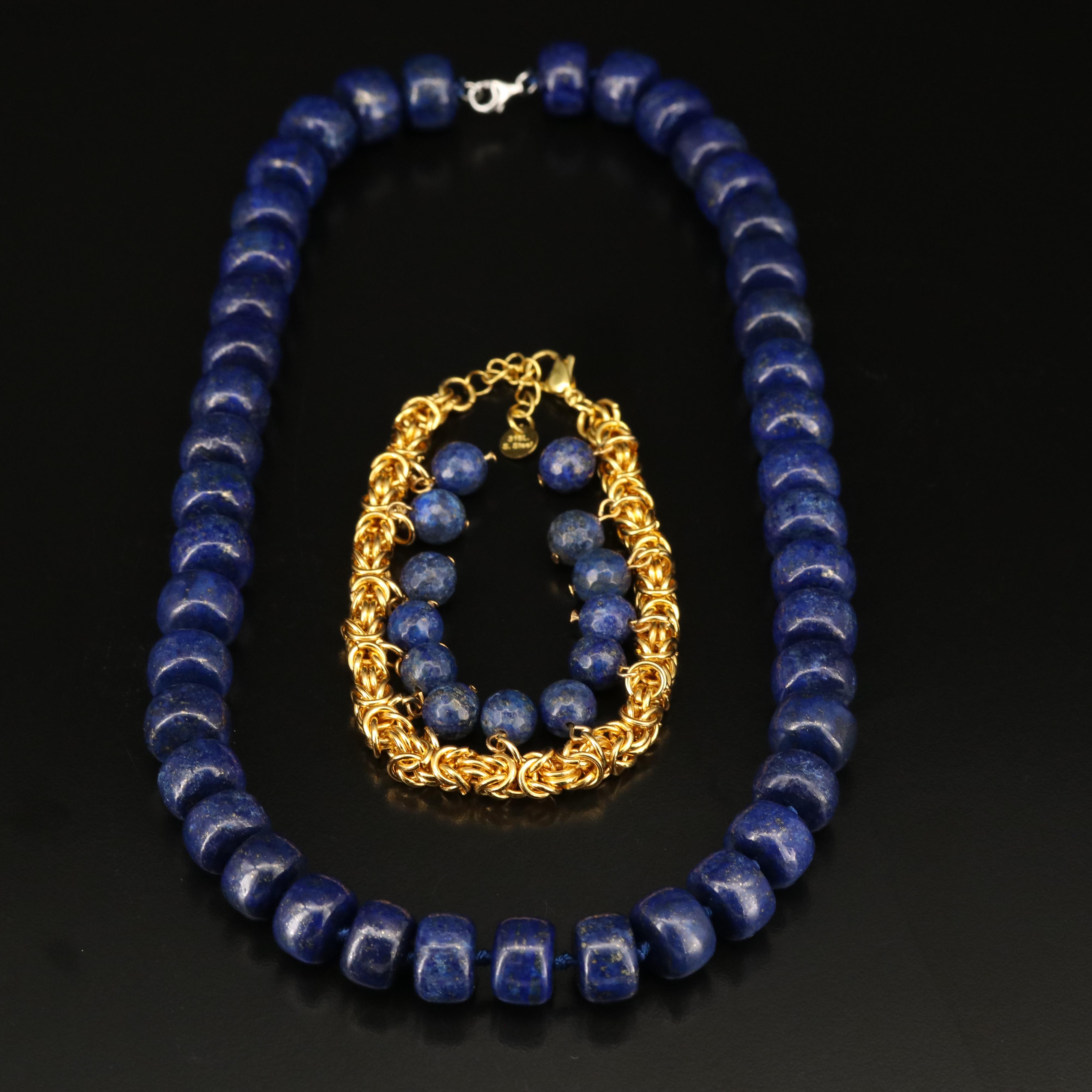 Sterling Lapis Lazuli Beaded Necklace and Stainless Steel Fringe Bracelet