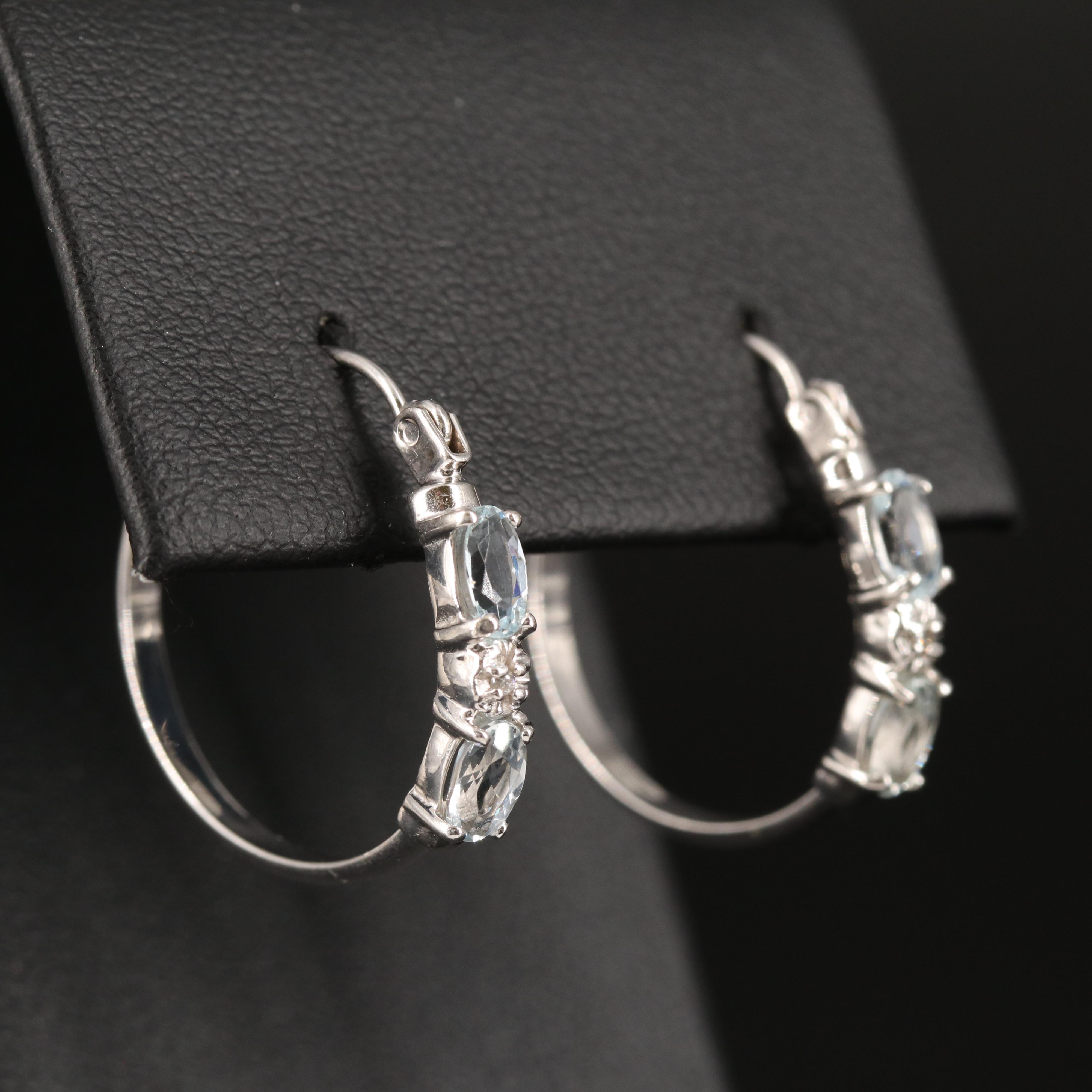 14K Aquamarine and Diamond Hoop Earrings