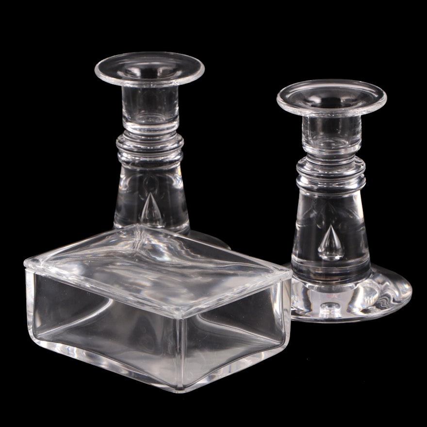 Steuben Art Glass "Teardrop" Candlesticks with Cigarette Box