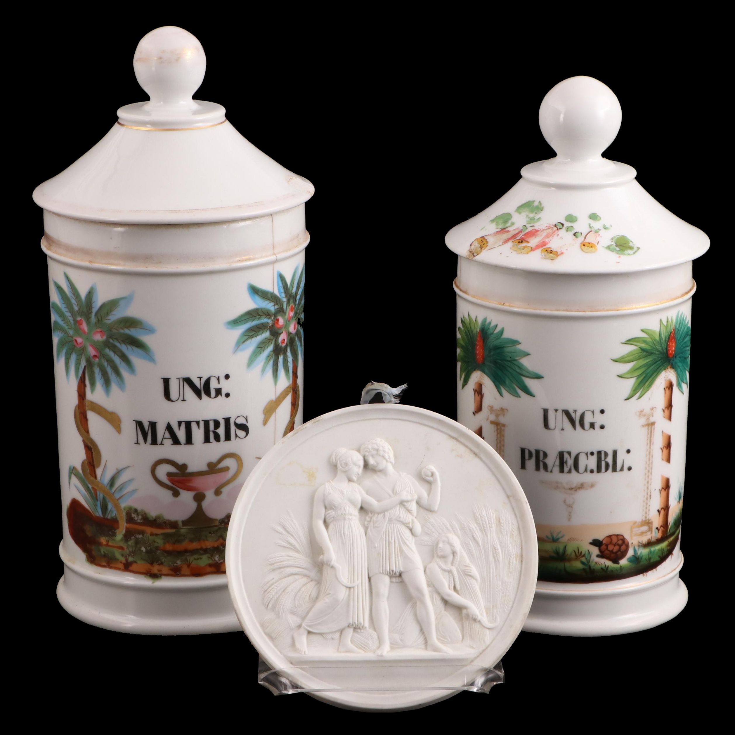 H. Vignier Fab Hand-Painted French Apothecary Jars and Wall Medallian