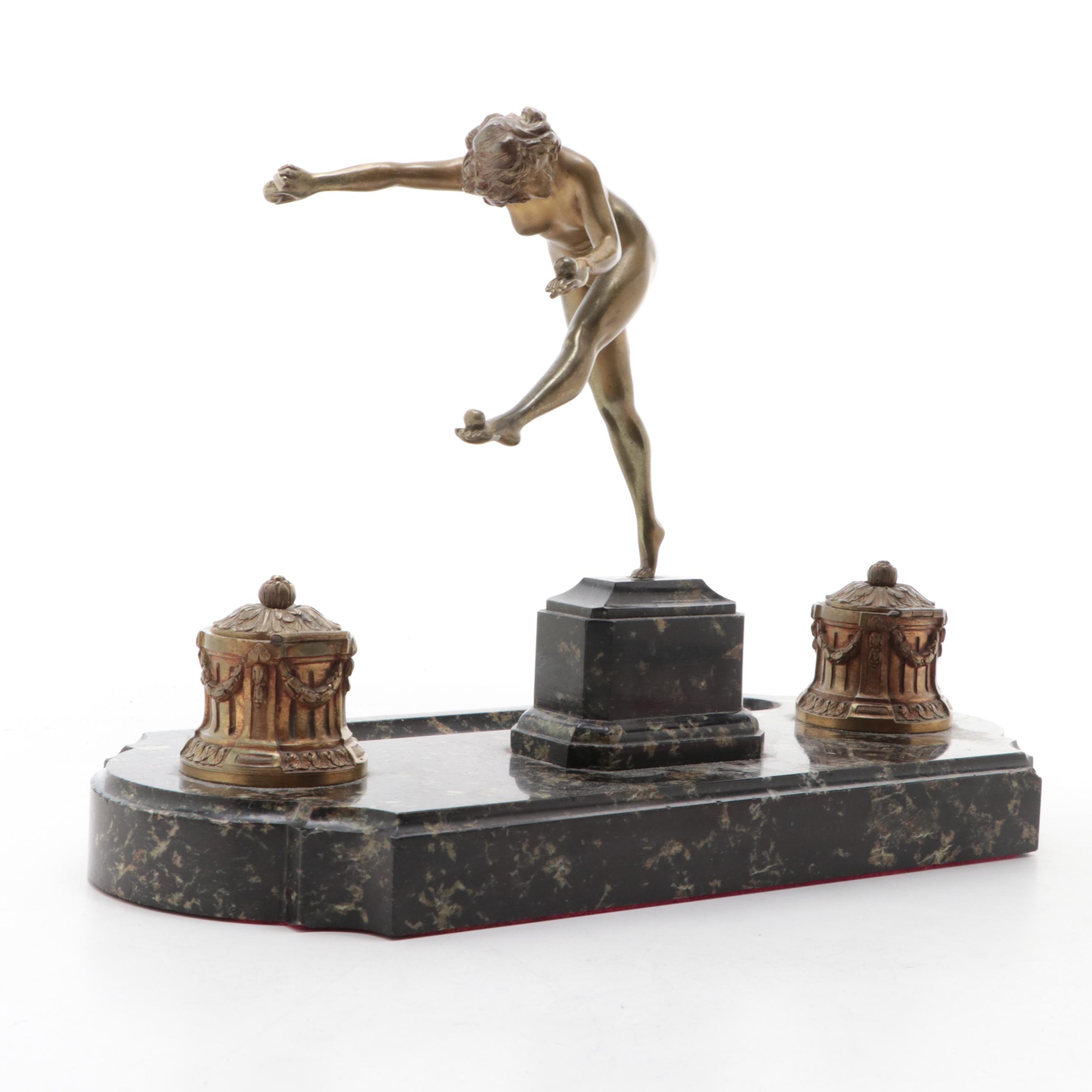 Art Deco Bronze and Marble Double Inkwell After C.J. Colinet's "Juggler"
