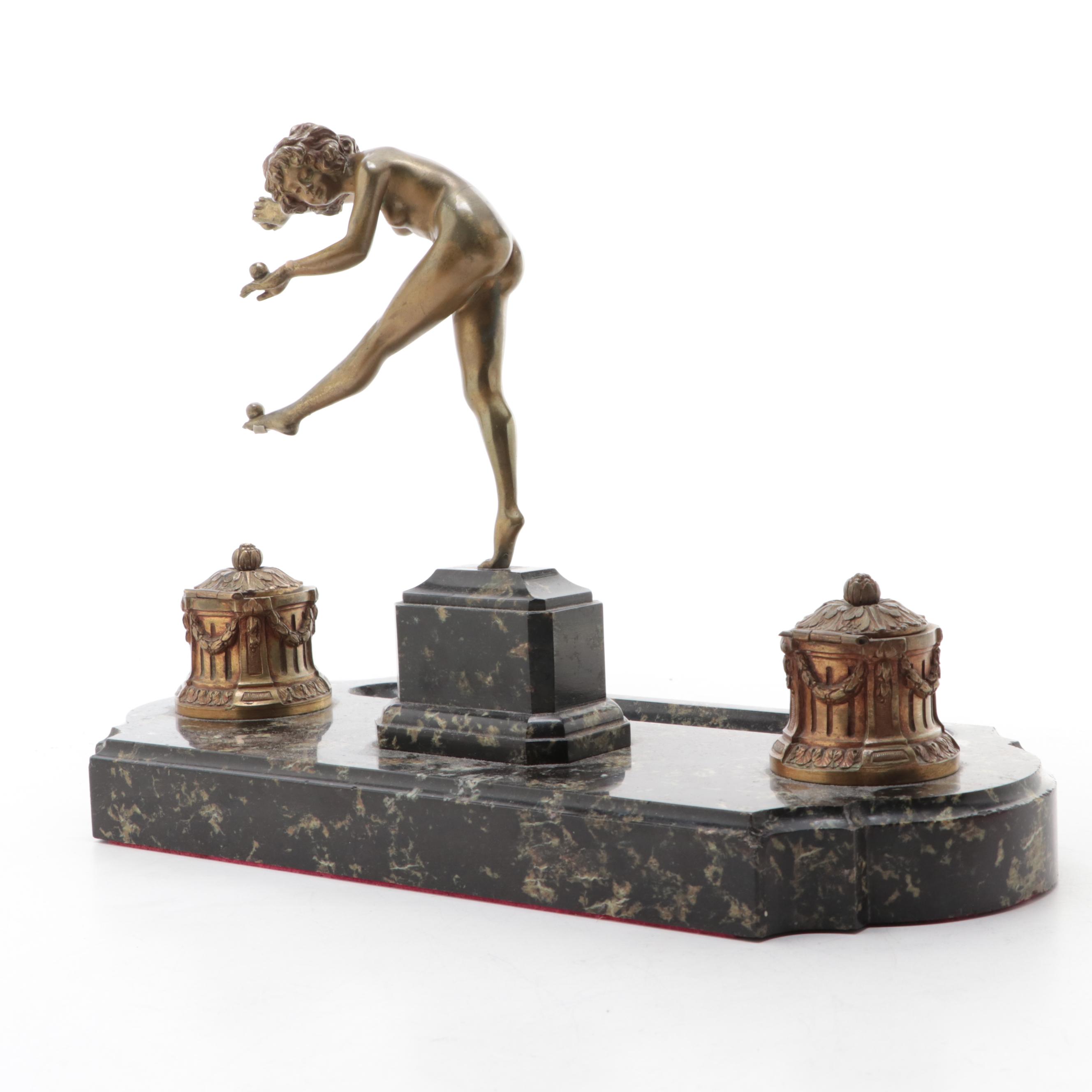 Art Deco Bronze and Marble Double Inkwell After C.J. Colinet's "Juggler"