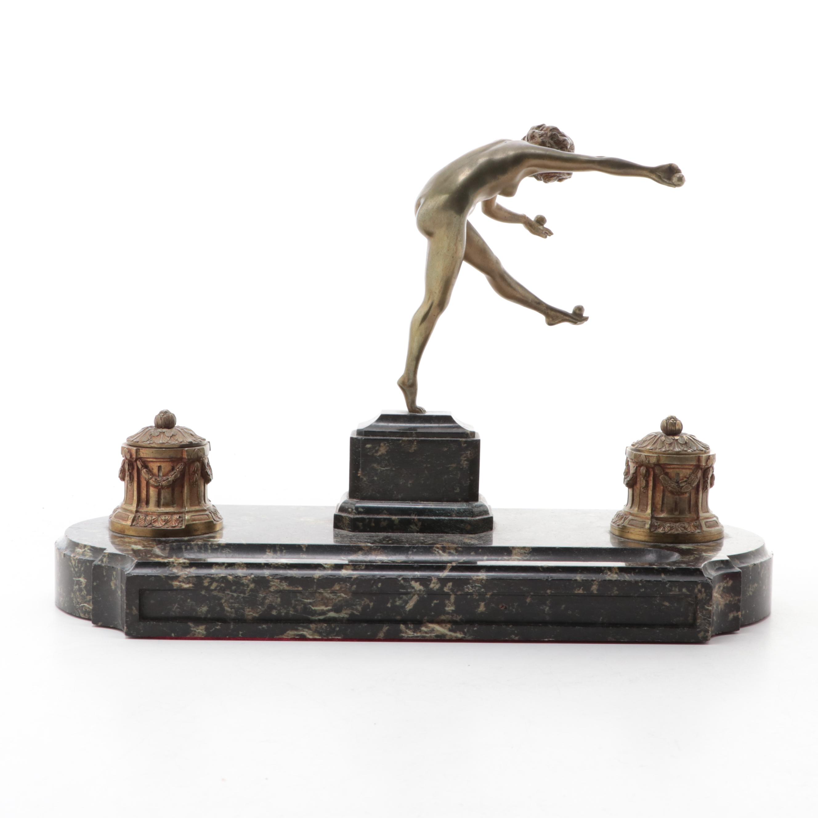 Art Deco Bronze and Marble Double Inkwell After C.J. Colinet's "Juggler"