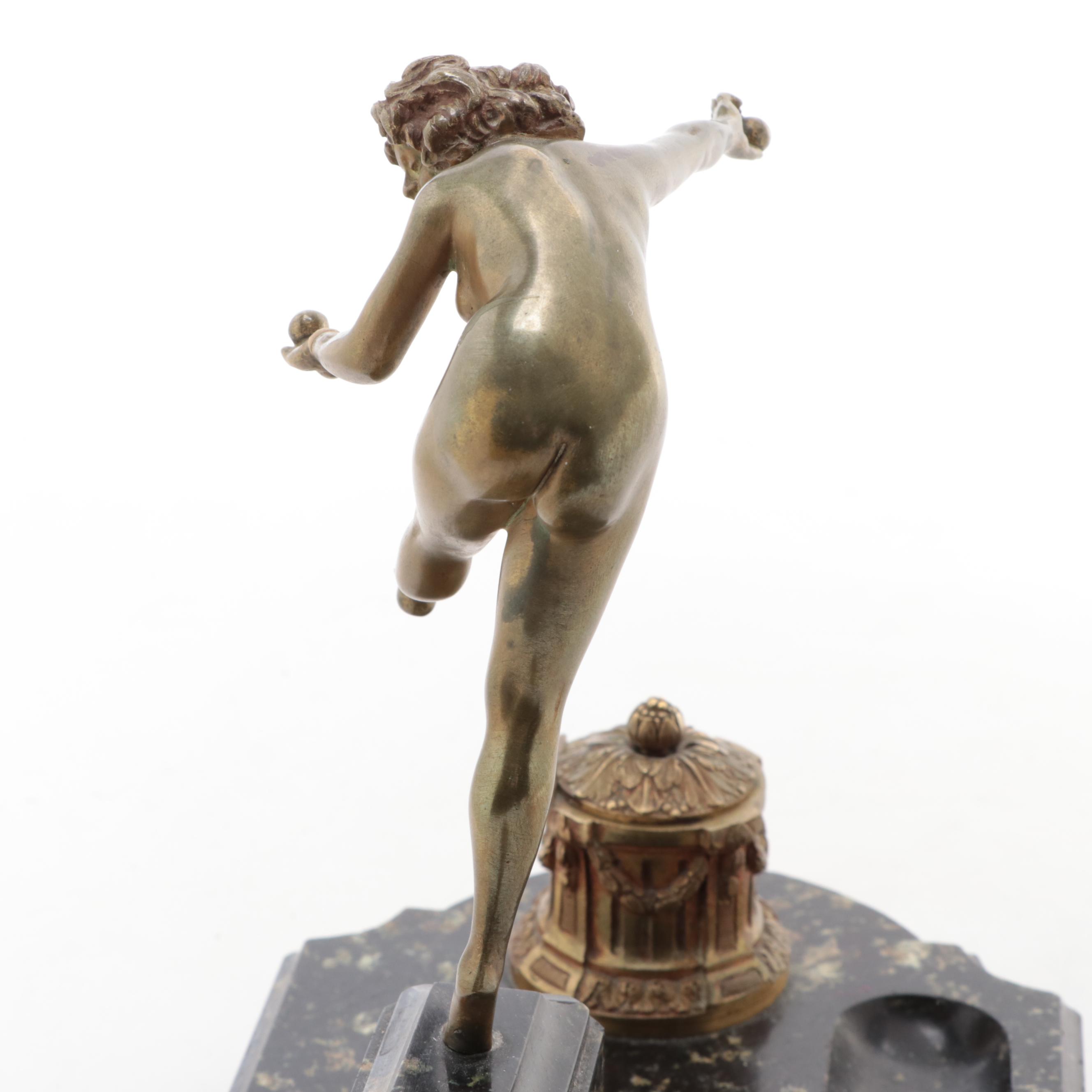 Art Deco Bronze and Marble Double Inkwell After C.J. Colinet's "Juggler"