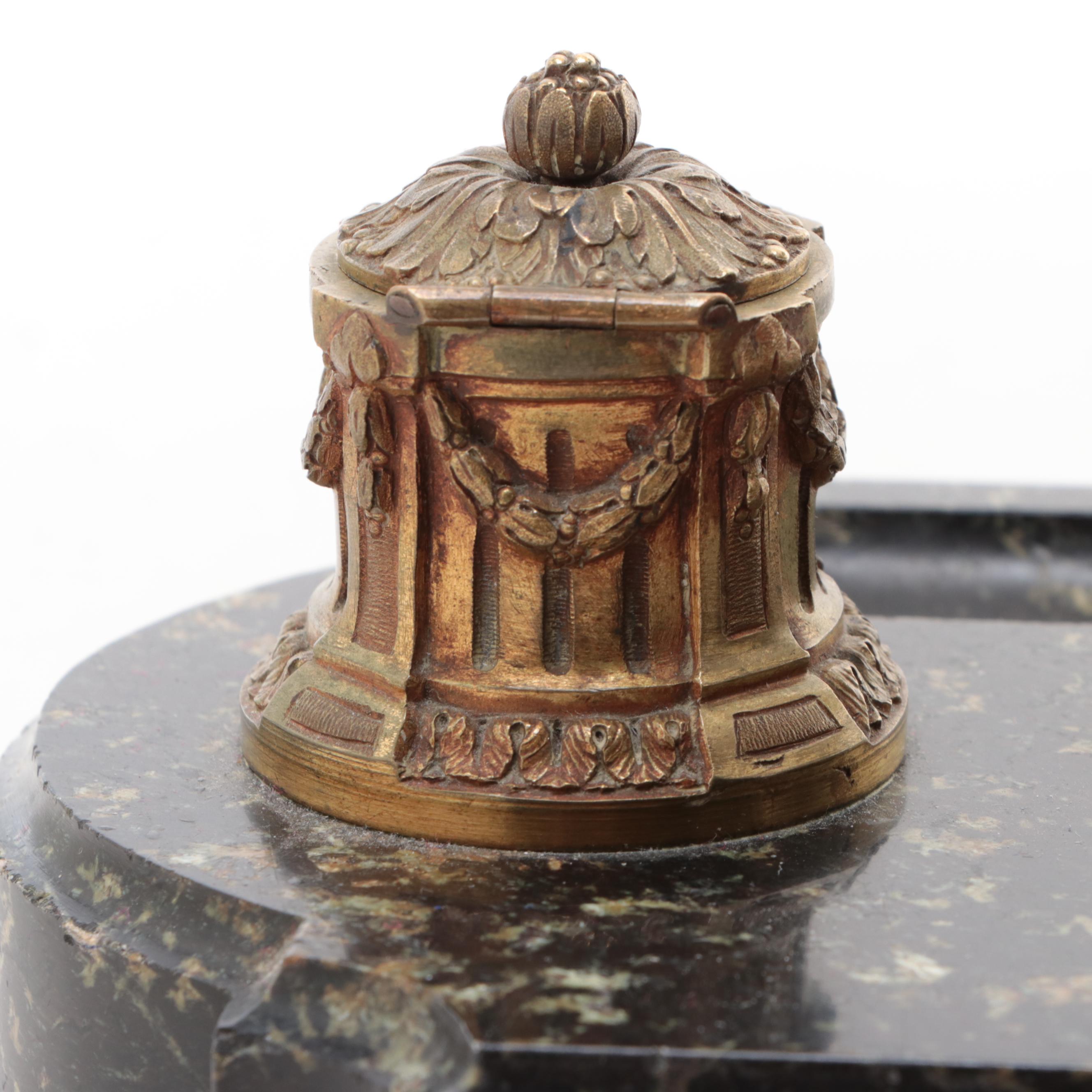 Art Deco Bronze and Marble Double Inkwell After C.J. Colinet's "Juggler"