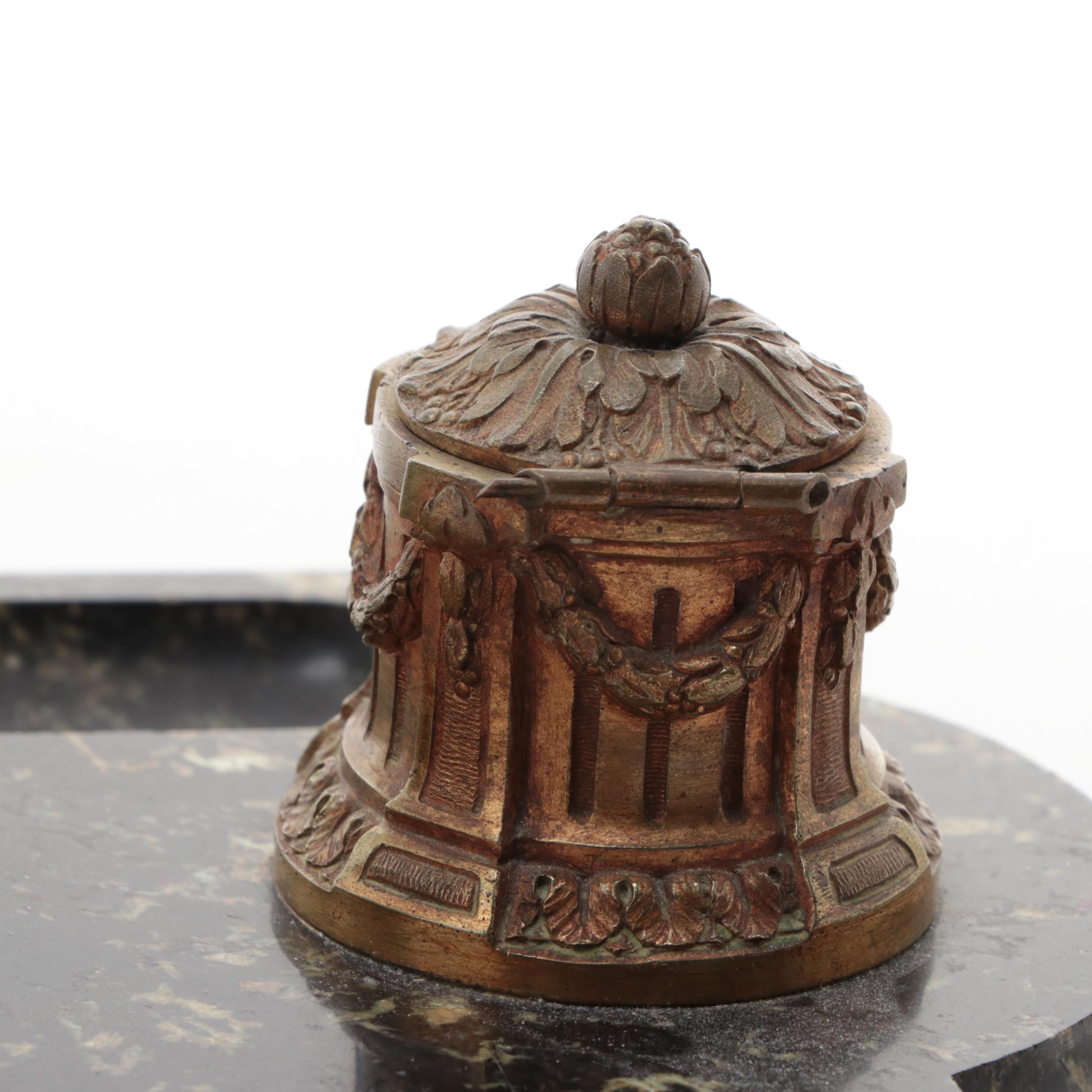 Art Deco Bronze and Marble Double Inkwell After C.J. Colinet's "Juggler"