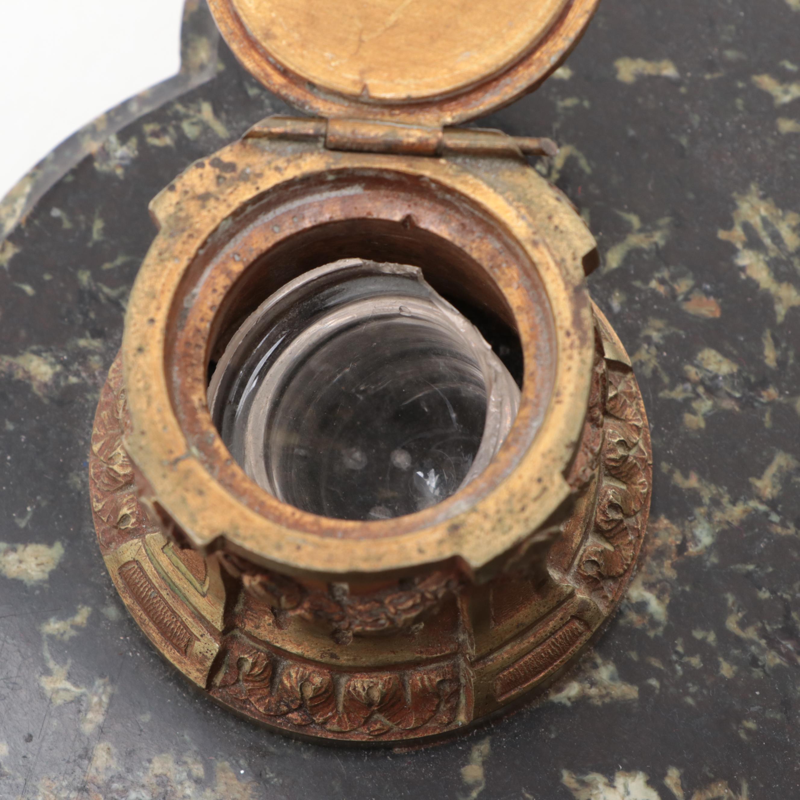 Art Deco Bronze and Marble Double Inkwell After C.J. Colinet's "Juggler"