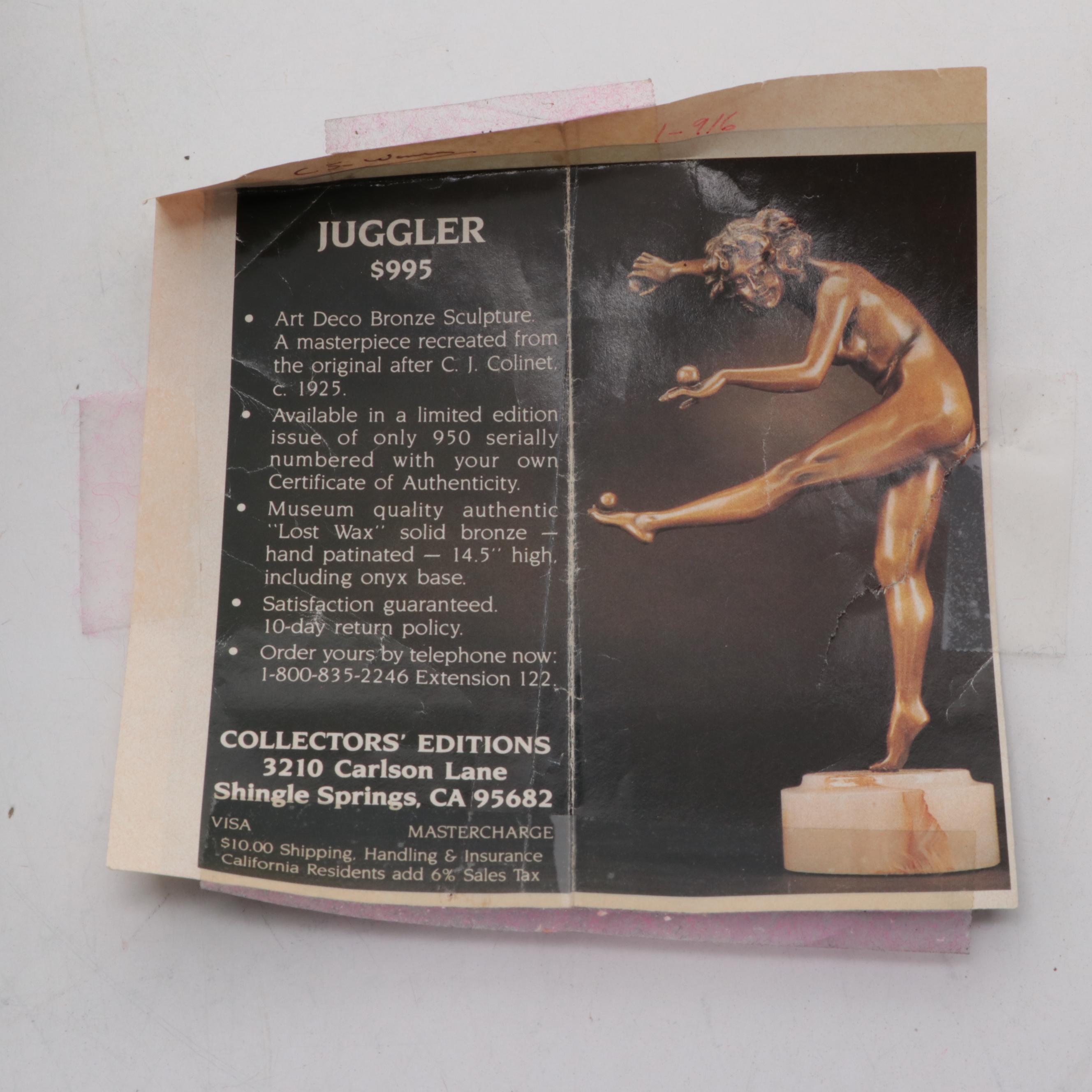 Art Deco Bronze and Marble Double Inkwell After C.J. Colinet's "Juggler"