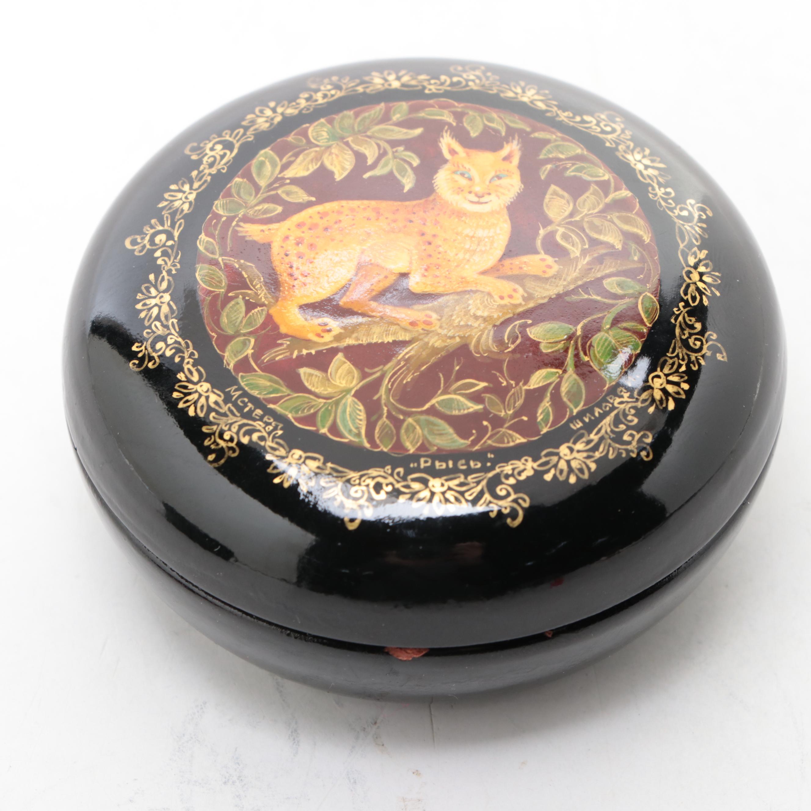 Russian "Lynx", "Peacock" and "Dog" Hand-Painted Lacquer Boxes