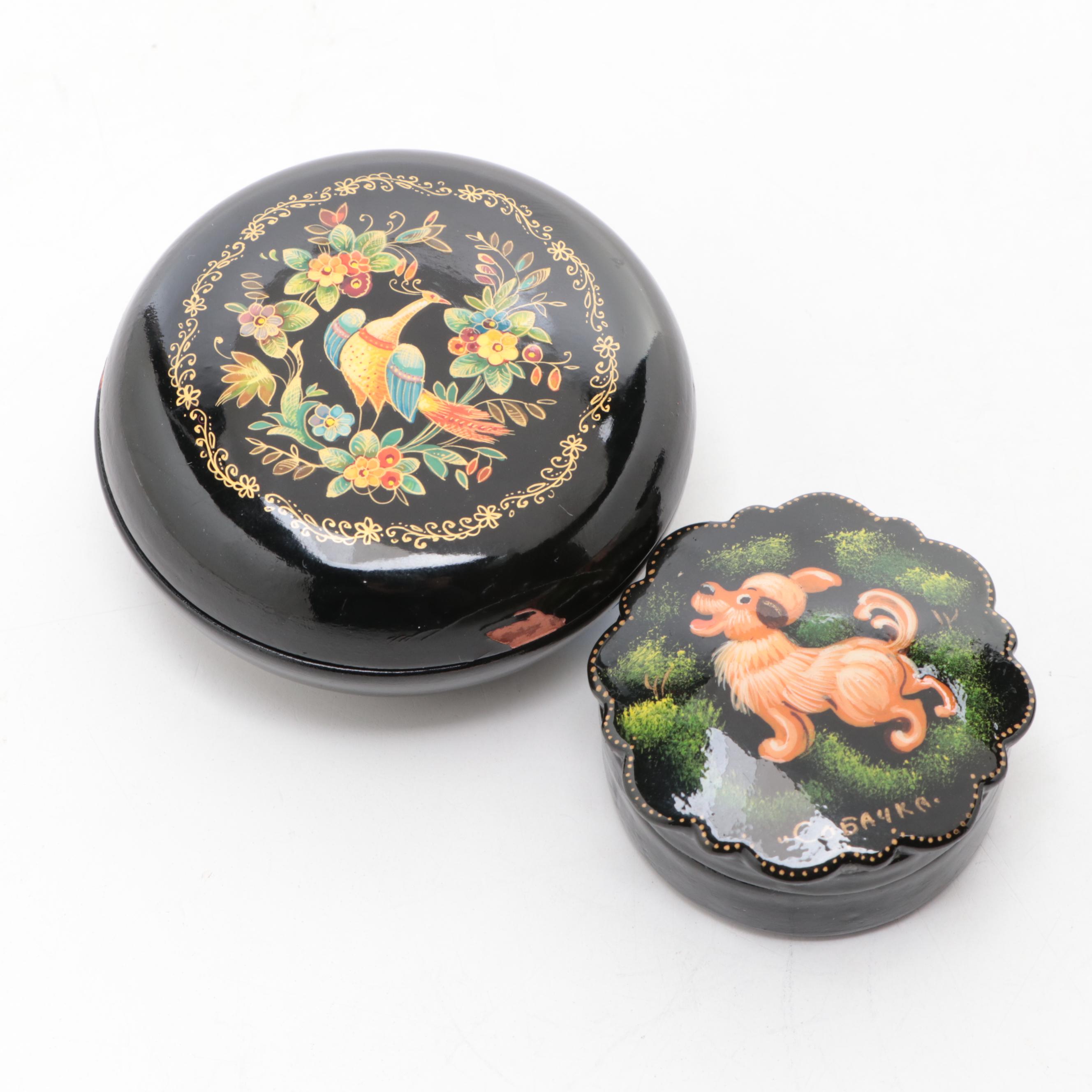 Russian "Lynx", "Peacock" and "Dog" Hand-Painted Lacquer Boxes