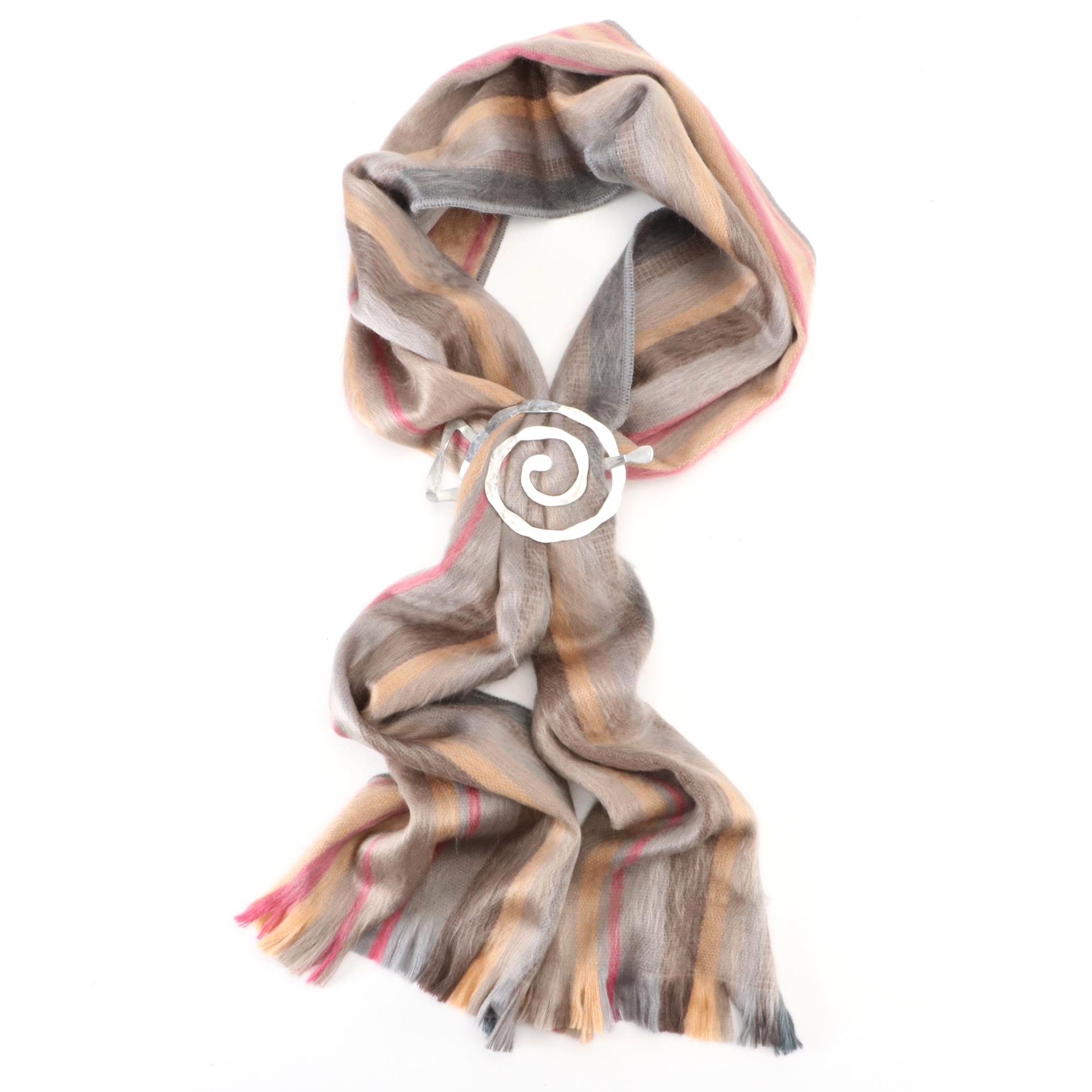 Shupaca Alpaca Blend Stripe Scarf and Pomegranate Moon Scarf Pin