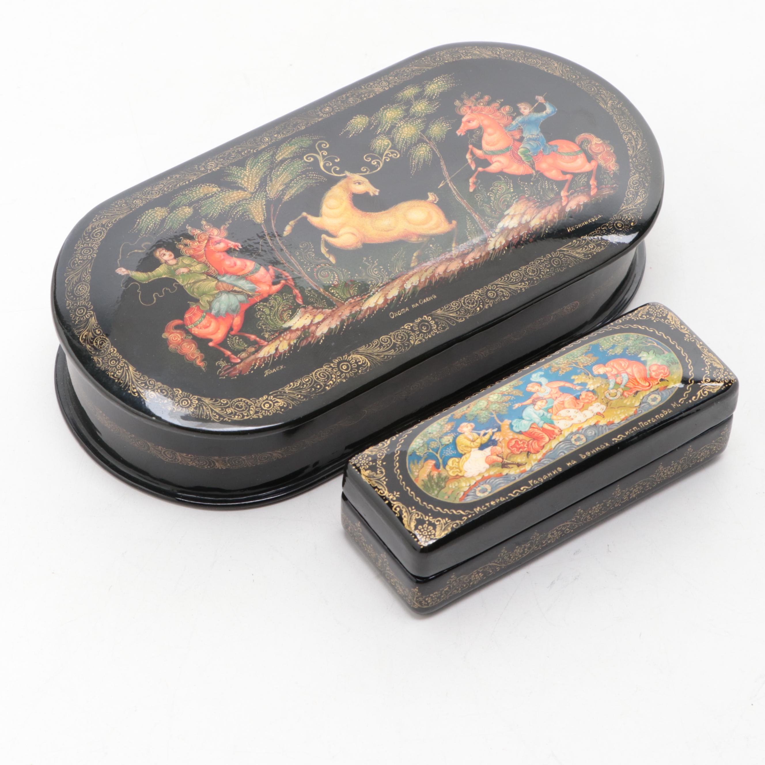 Russian "Deer Hunting" and Other Hand-Painted Lacquer Boxes