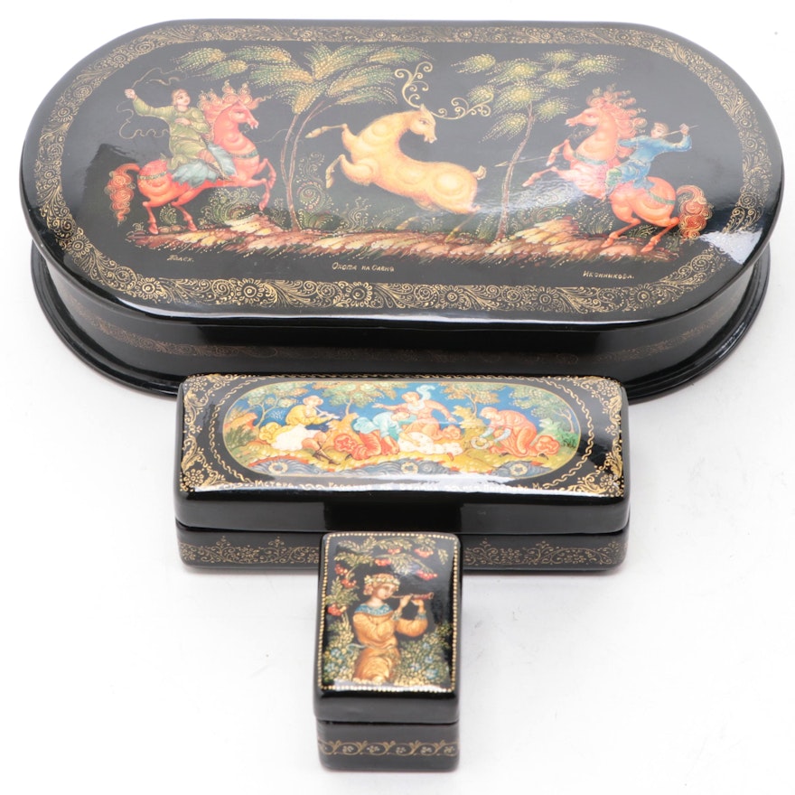 Russian "Deer Hunting" and Other Hand-Painted Lacquer Boxes