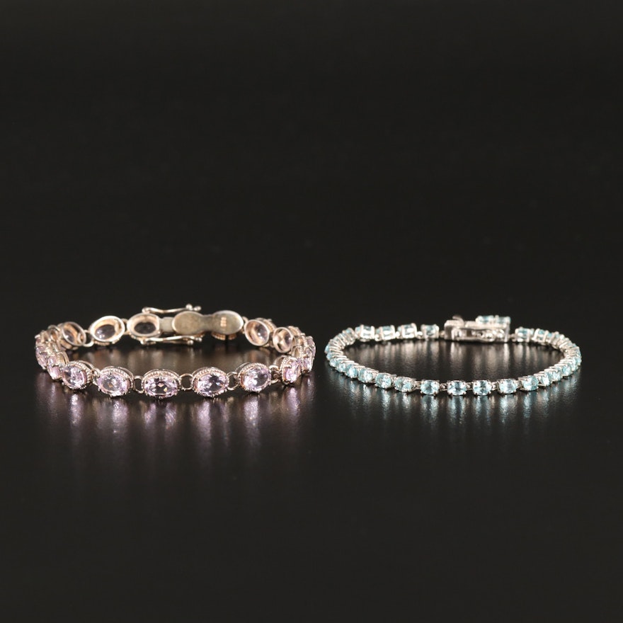 Pairing of Amethyst and Apatite Line Bracelets in Sterling