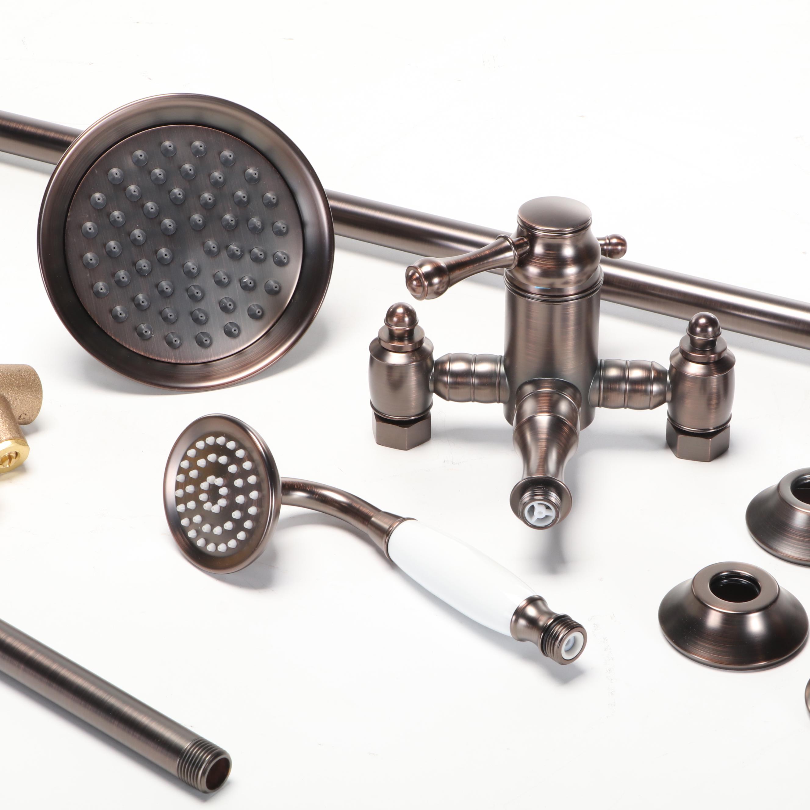 Oil Rubbed Bronze Exposed Pipe Rainfall Showerhead, Hand Shower and Square Drain