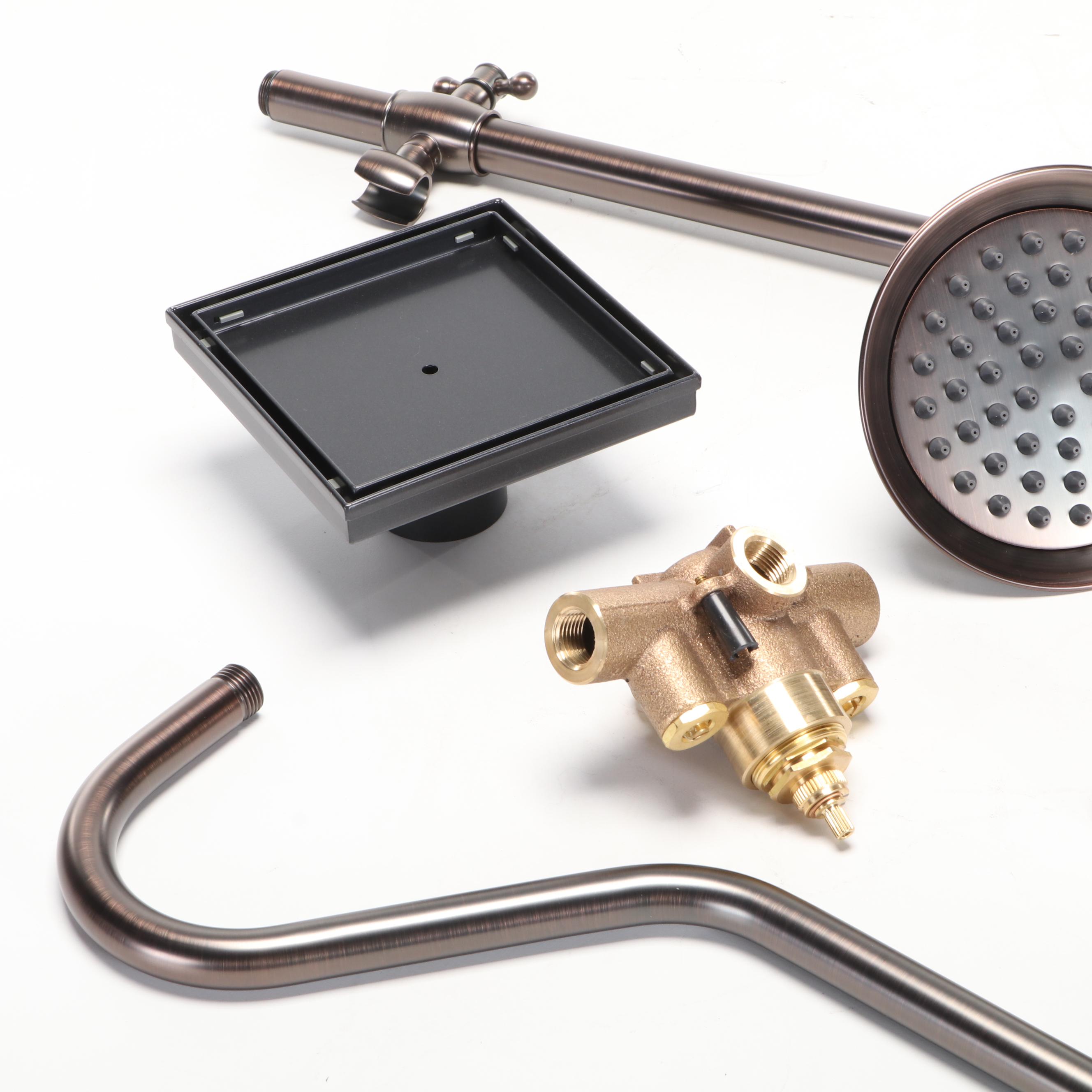 Oil Rubbed Bronze Exposed Pipe Rainfall Showerhead, Hand Shower and Square Drain