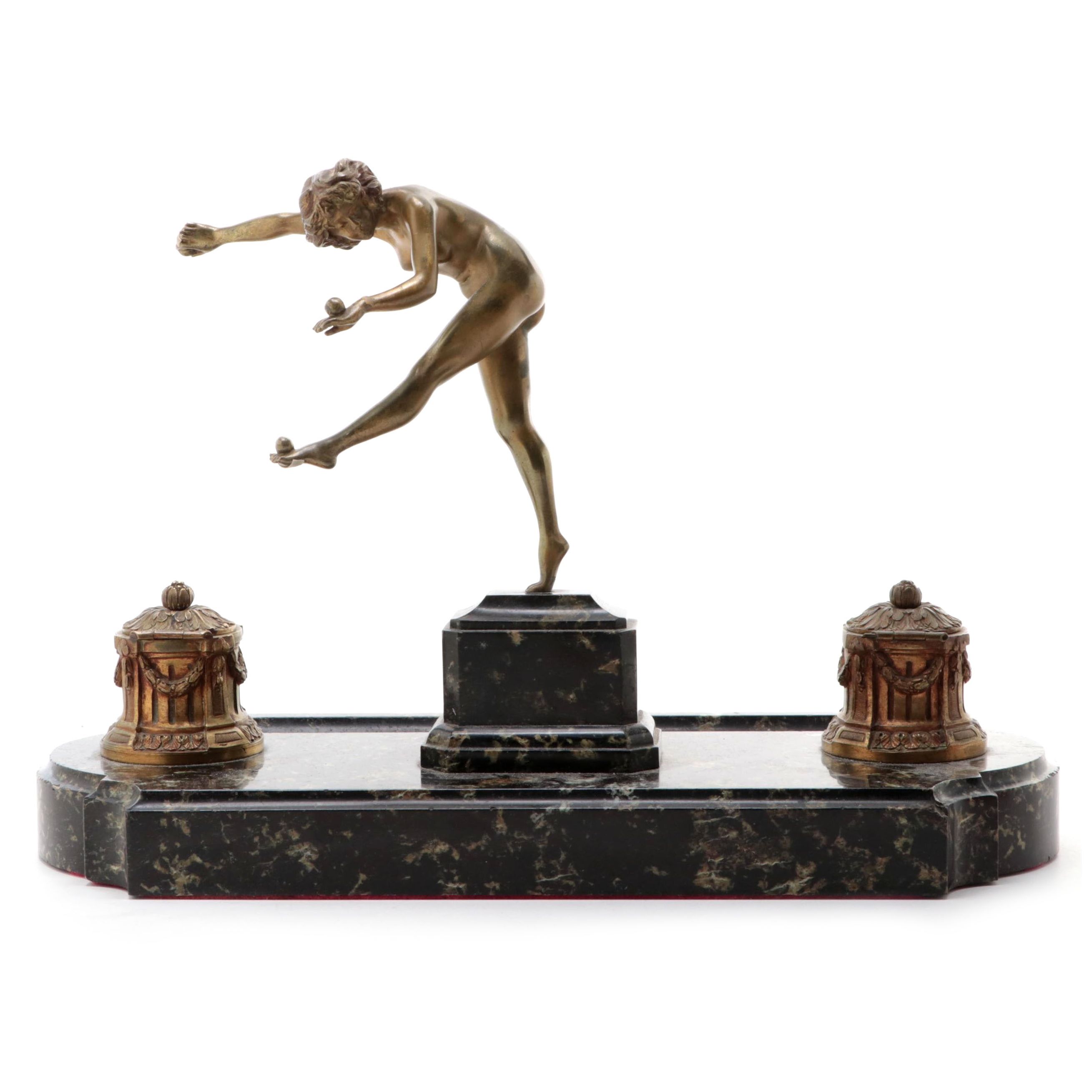 Art Deco Bronze and Marble Double Inkwell After C.J. Colinet's "Juggler"