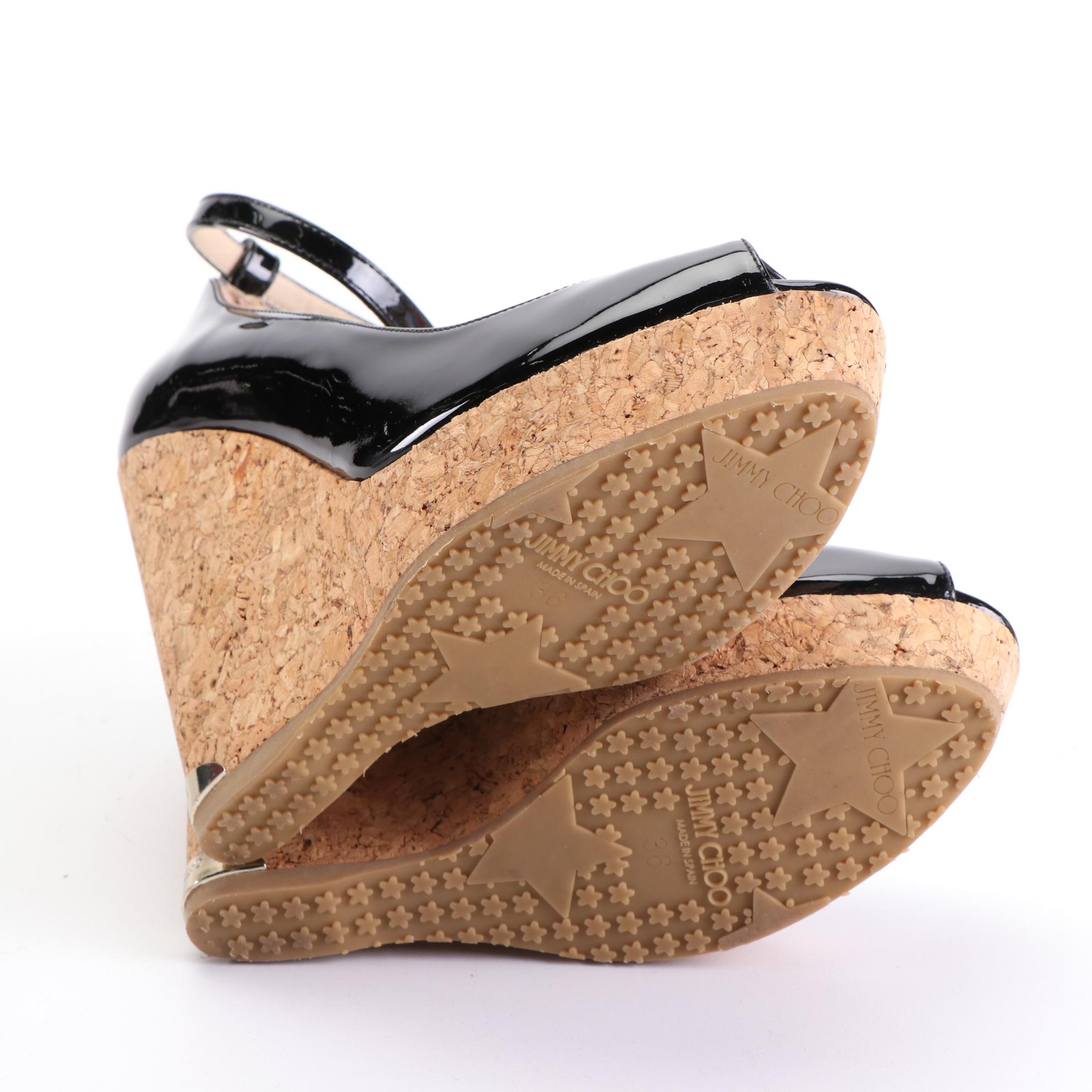 Jimmy Choo 120mm Pacifico Cork-Wedge Sandals in Black Patent Leather w/Box