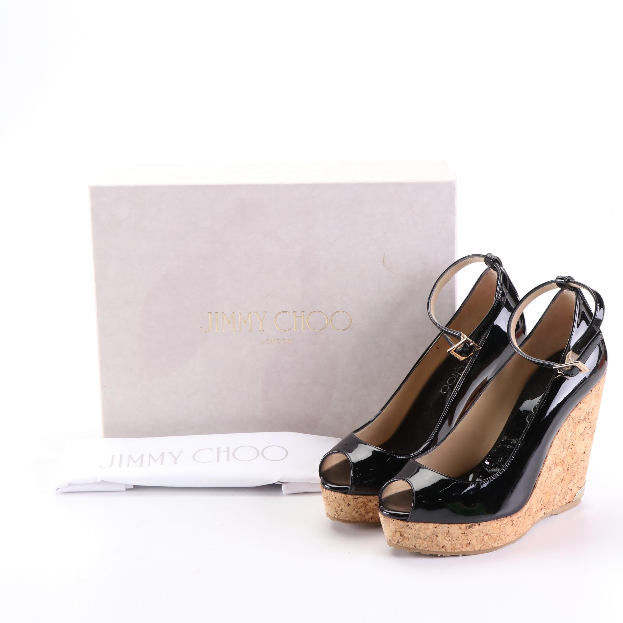 Jimmy Choo 120mm Pacifico Cork-Wedge Sandals in Black Patent Leather w/Box