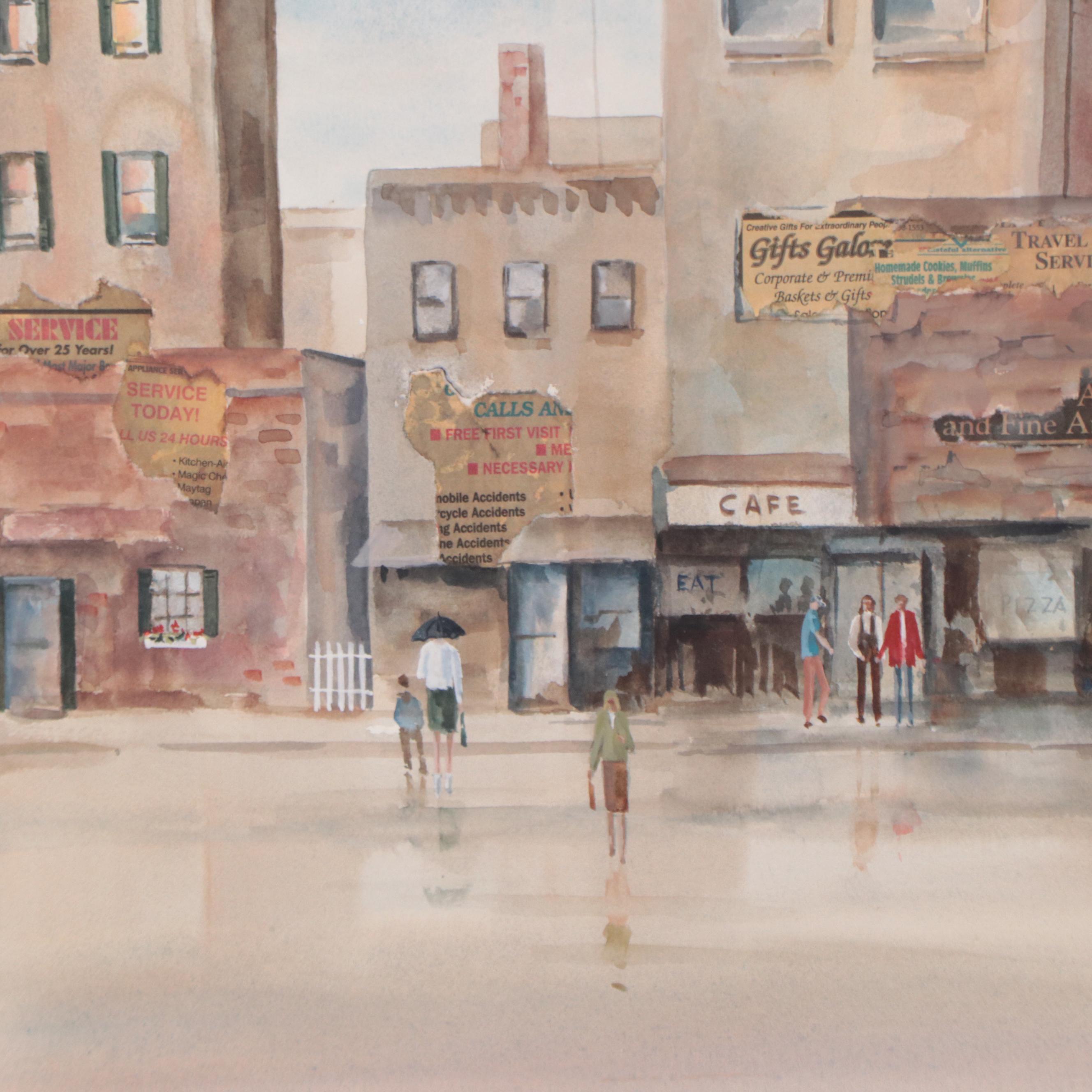 Sandy Beamer Street Scene Watercolor Painting With Collage