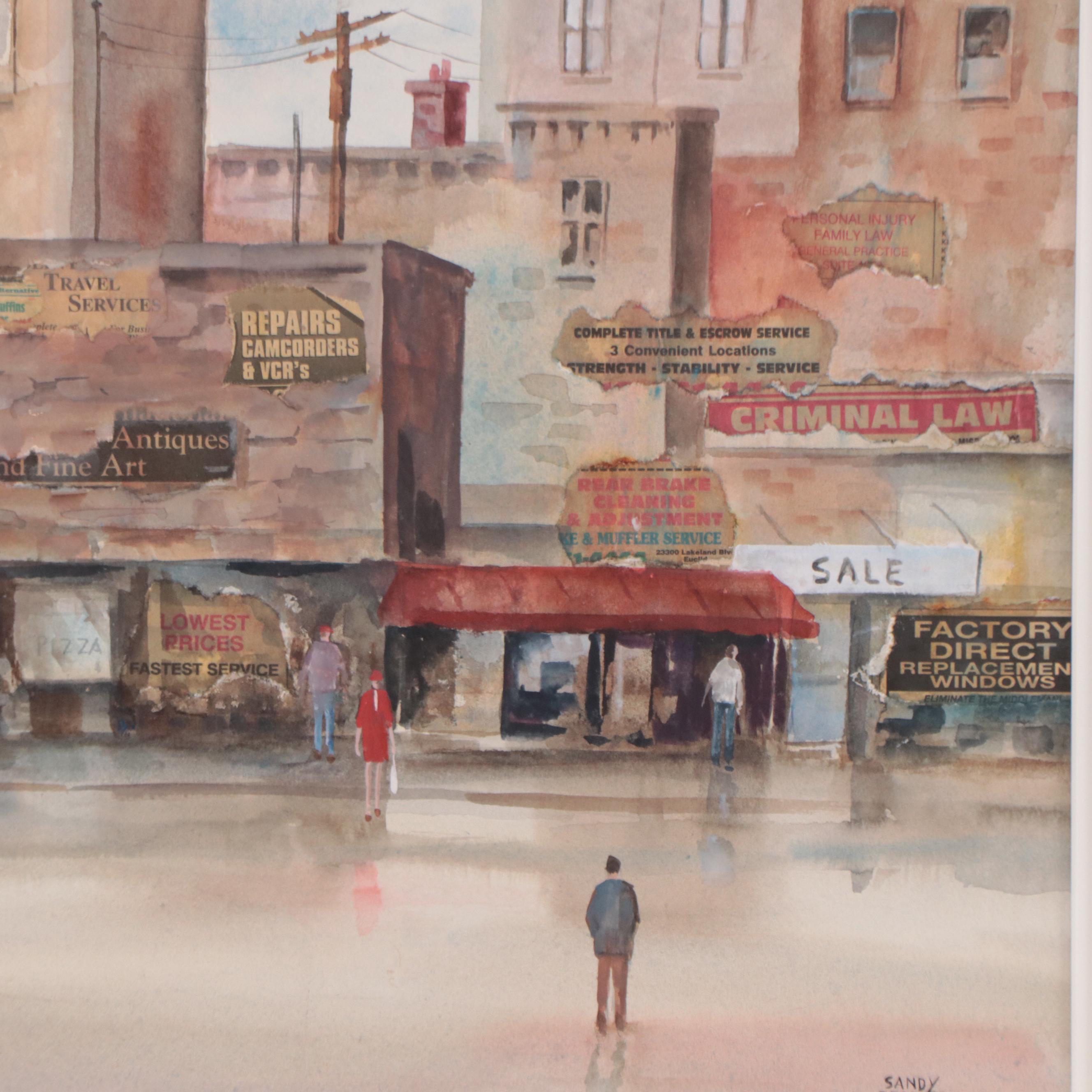 Sandy Beamer Street Scene Watercolor Painting With Collage