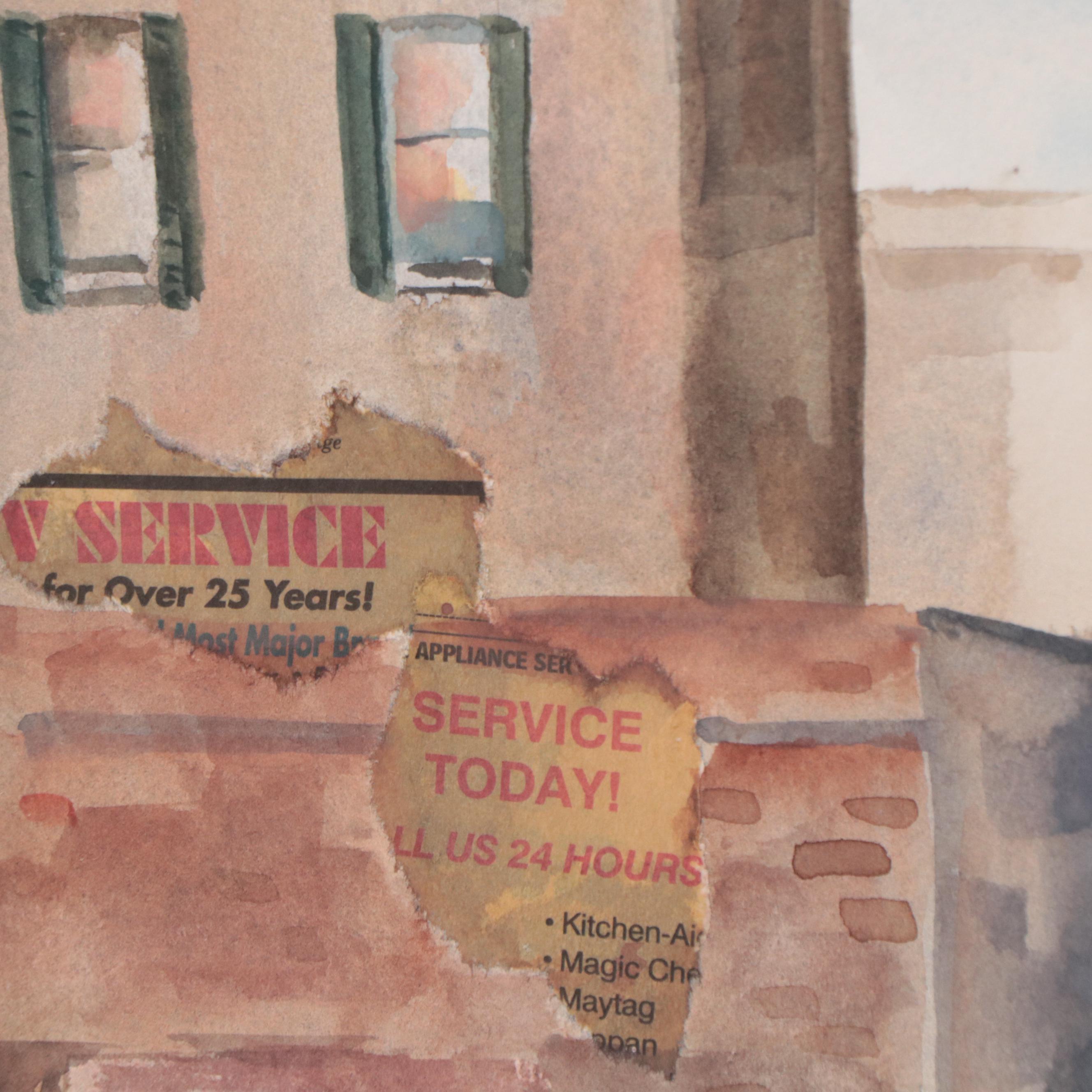 Sandy Beamer Street Scene Watercolor Painting With Collage