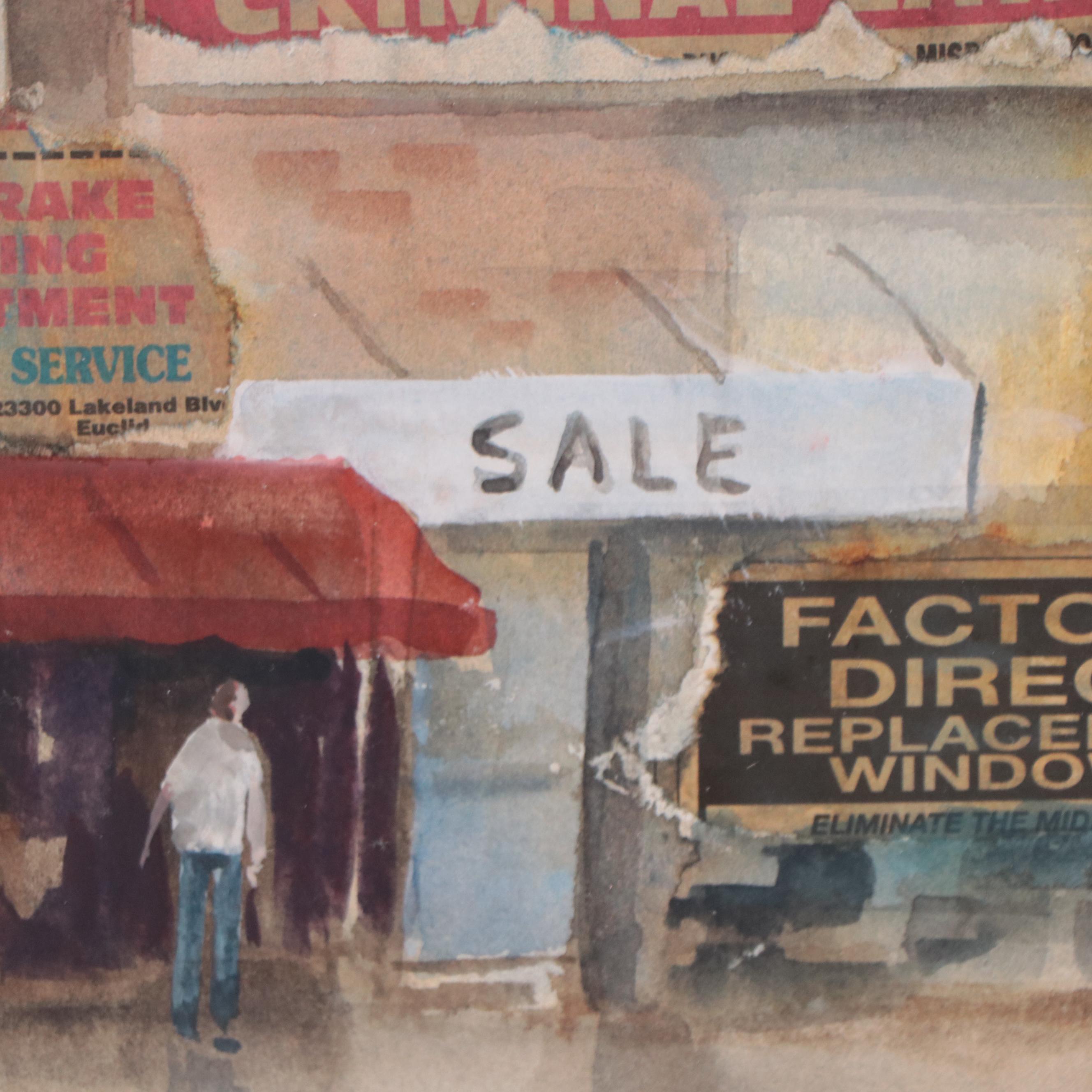 Sandy Beamer Street Scene Watercolor Painting With Collage