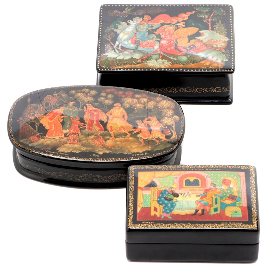 Russian Palekh and Mstyora Hand-Painted Lacquer Boxes