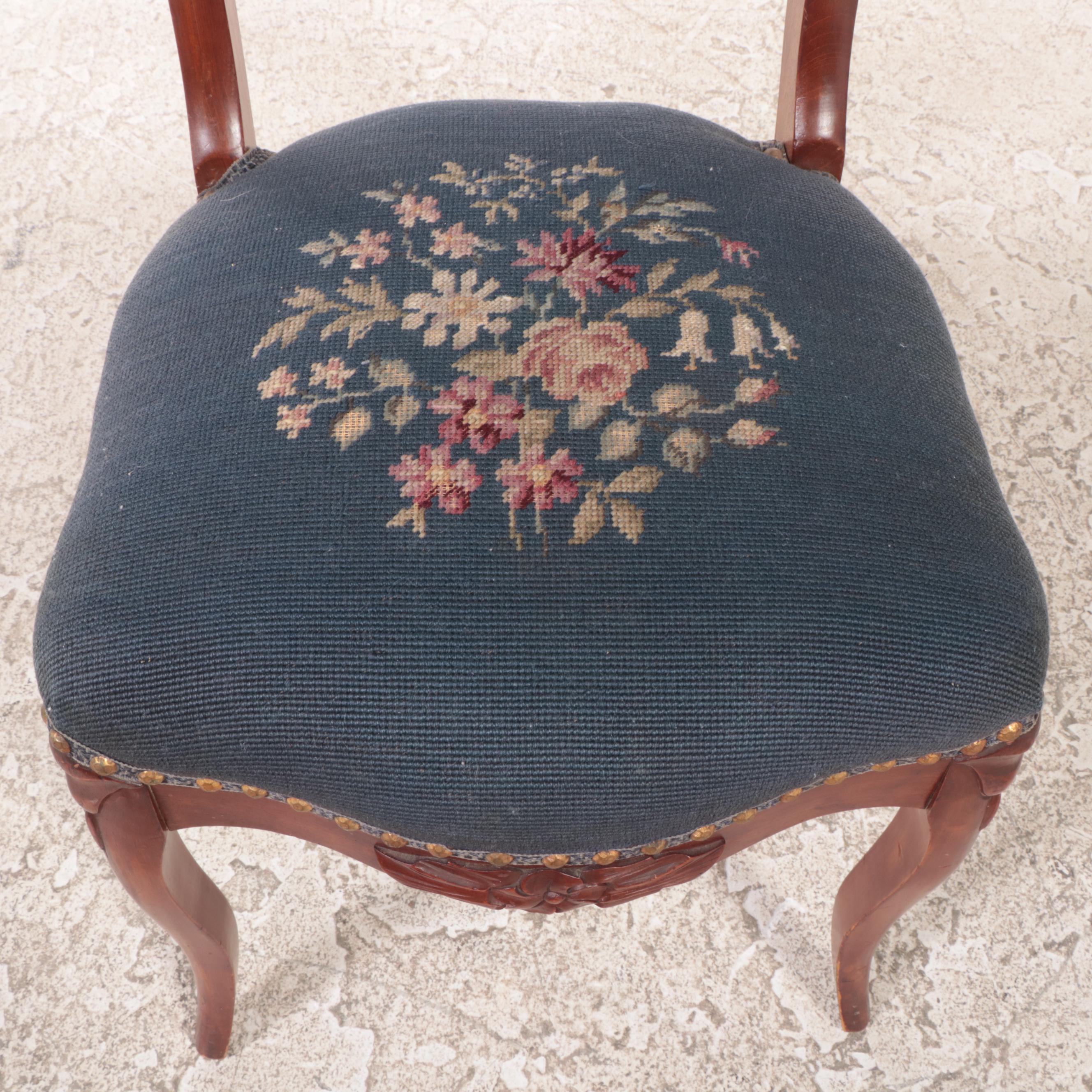 Victorian Style Mahogany-Finish and Needlepoint Upholstered Balloon Back Chair