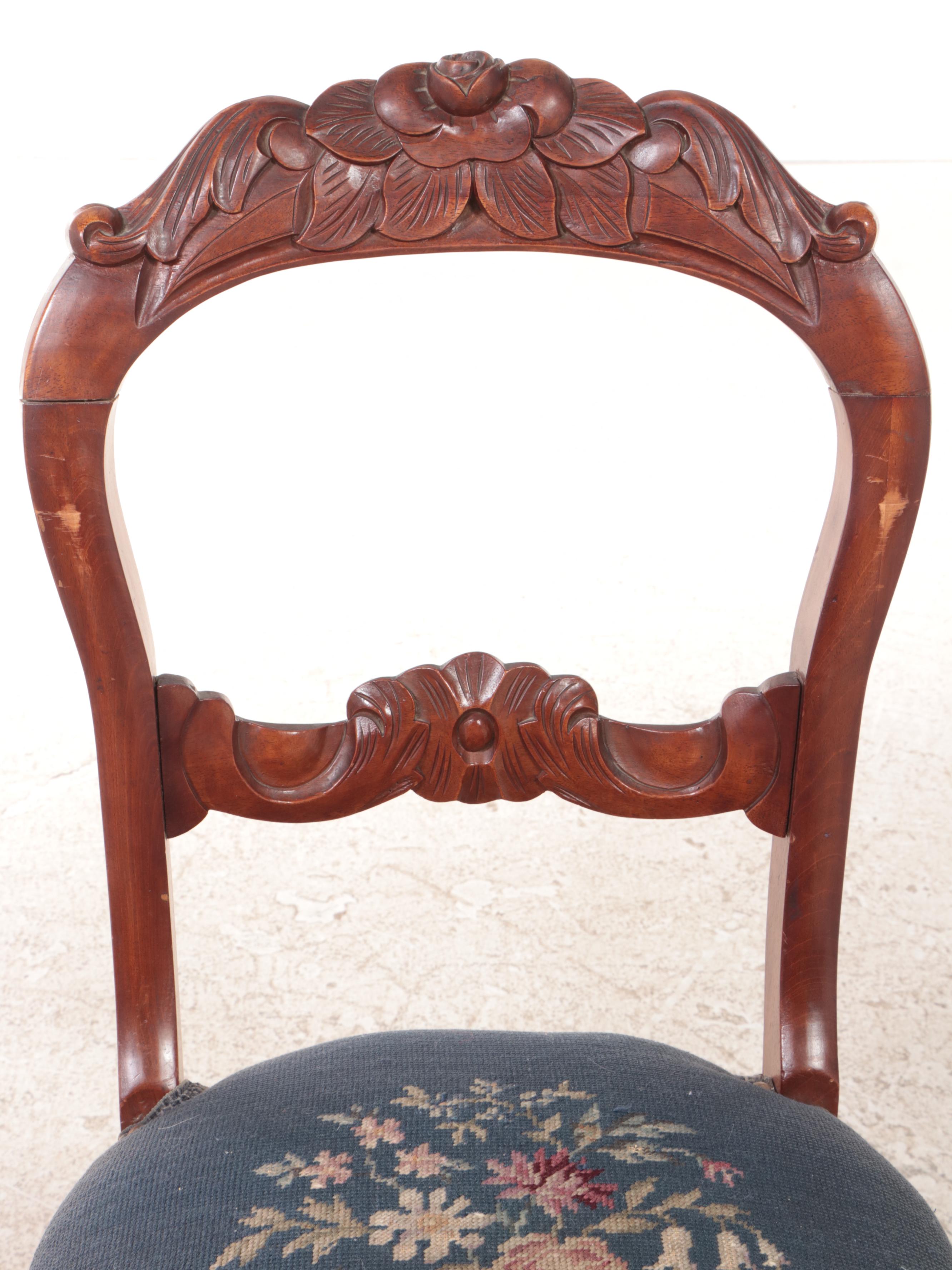 Victorian Style Mahogany-Finish and Needlepoint Upholstered Balloon Back Chair