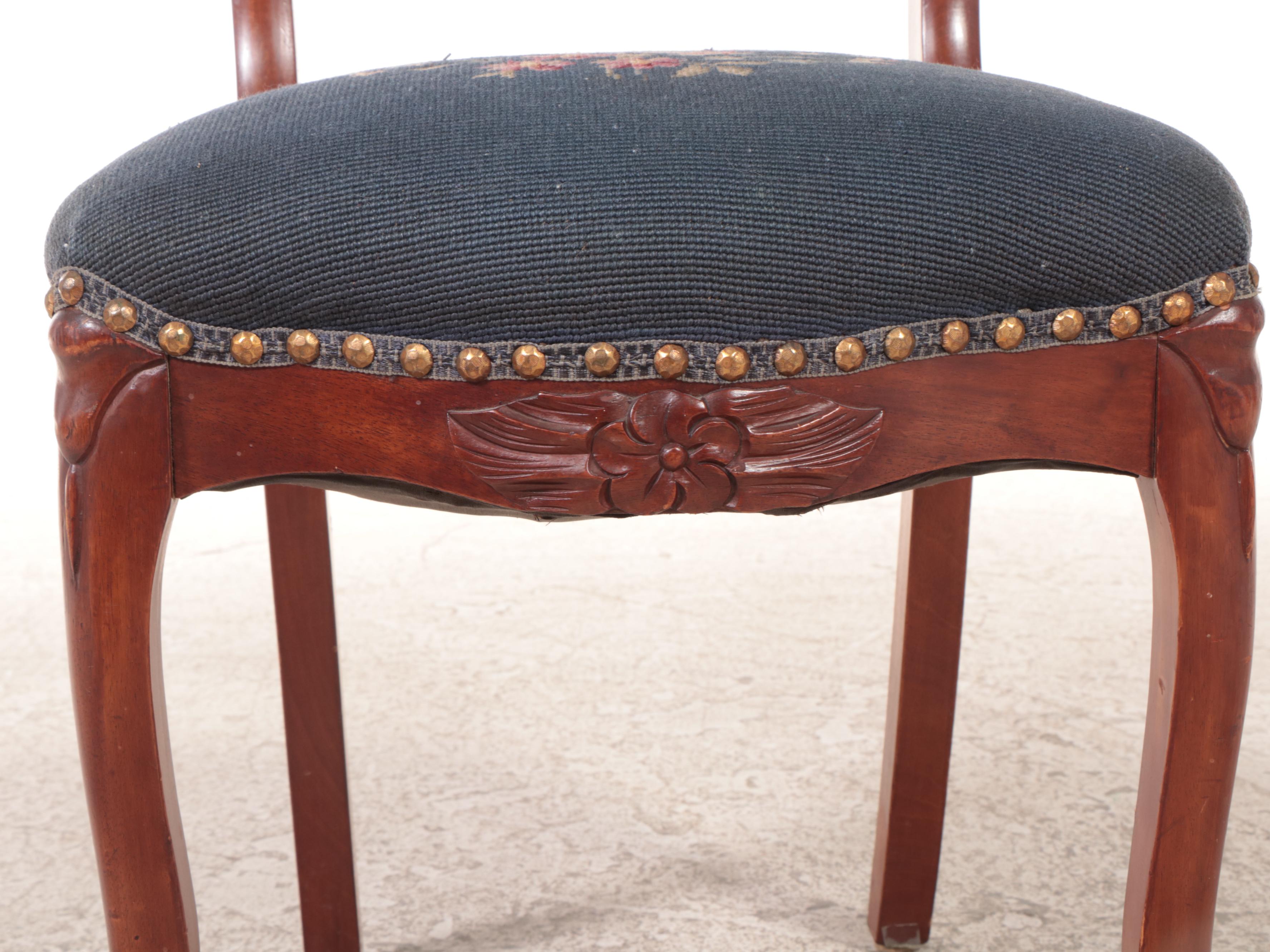 Victorian Style Mahogany-Finish and Needlepoint Upholstered Balloon Back Chair