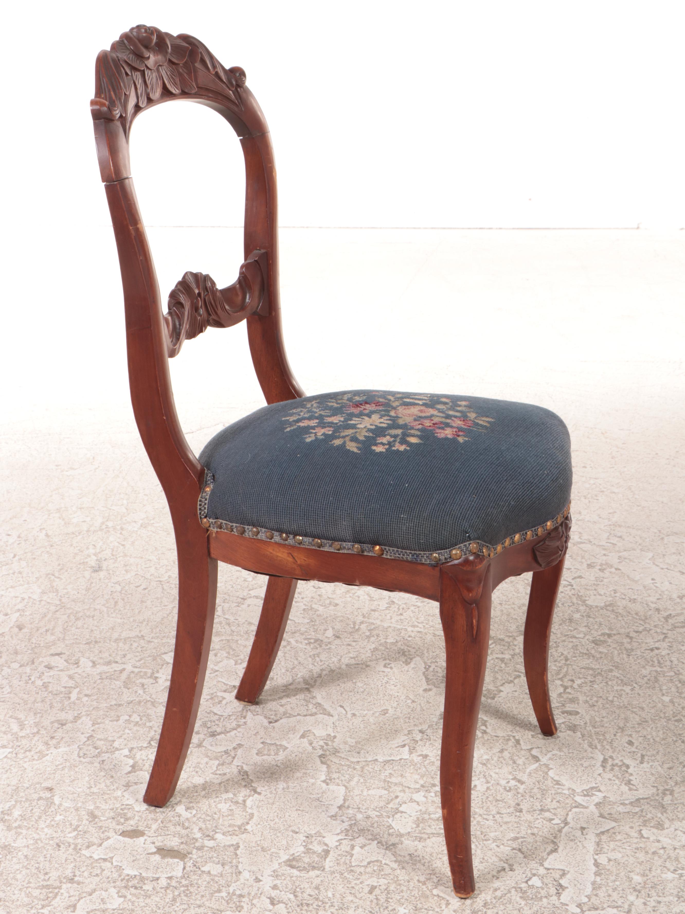 Victorian Style Mahogany-Finish and Needlepoint Upholstered Balloon Back Chair