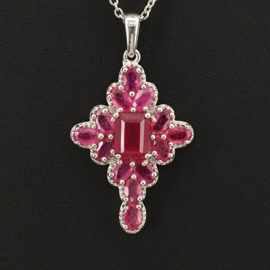 Sterling Corundum Cross Pendant Necklace