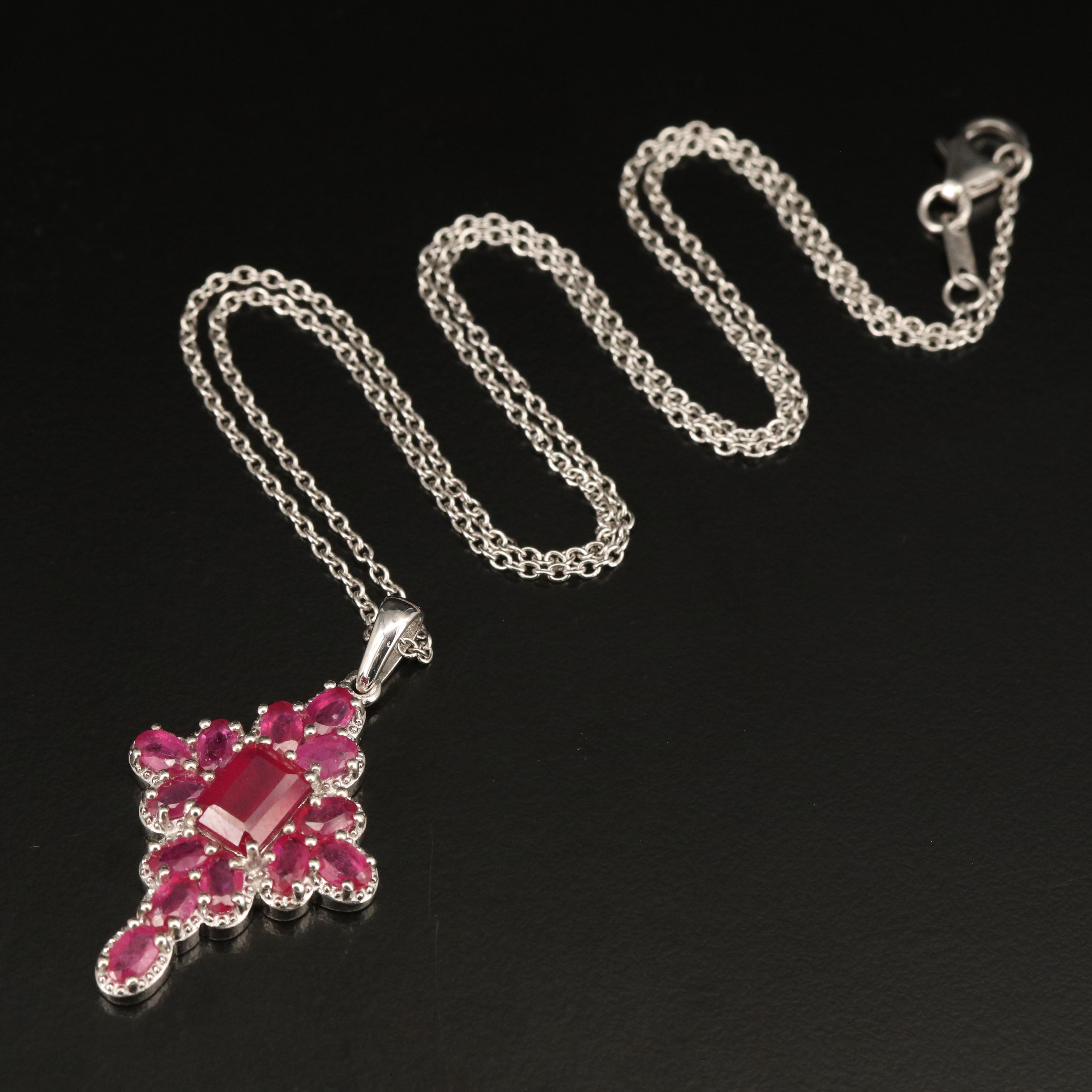 Sterling Corundum Cross Pendant Necklace