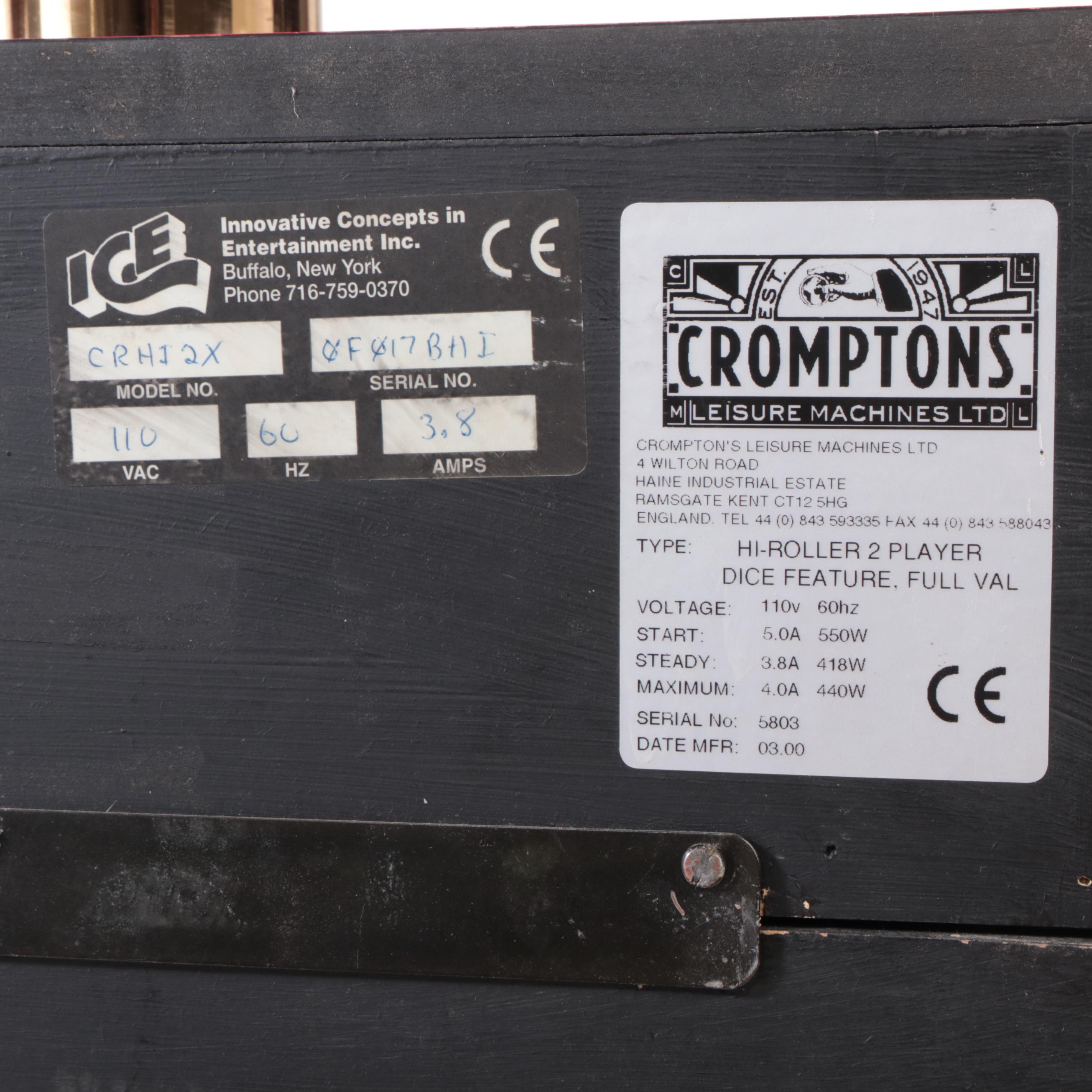 Cromptons Leisure Machines Ltd. Hi-Roller Coin Pusher Two Person Arcade Game