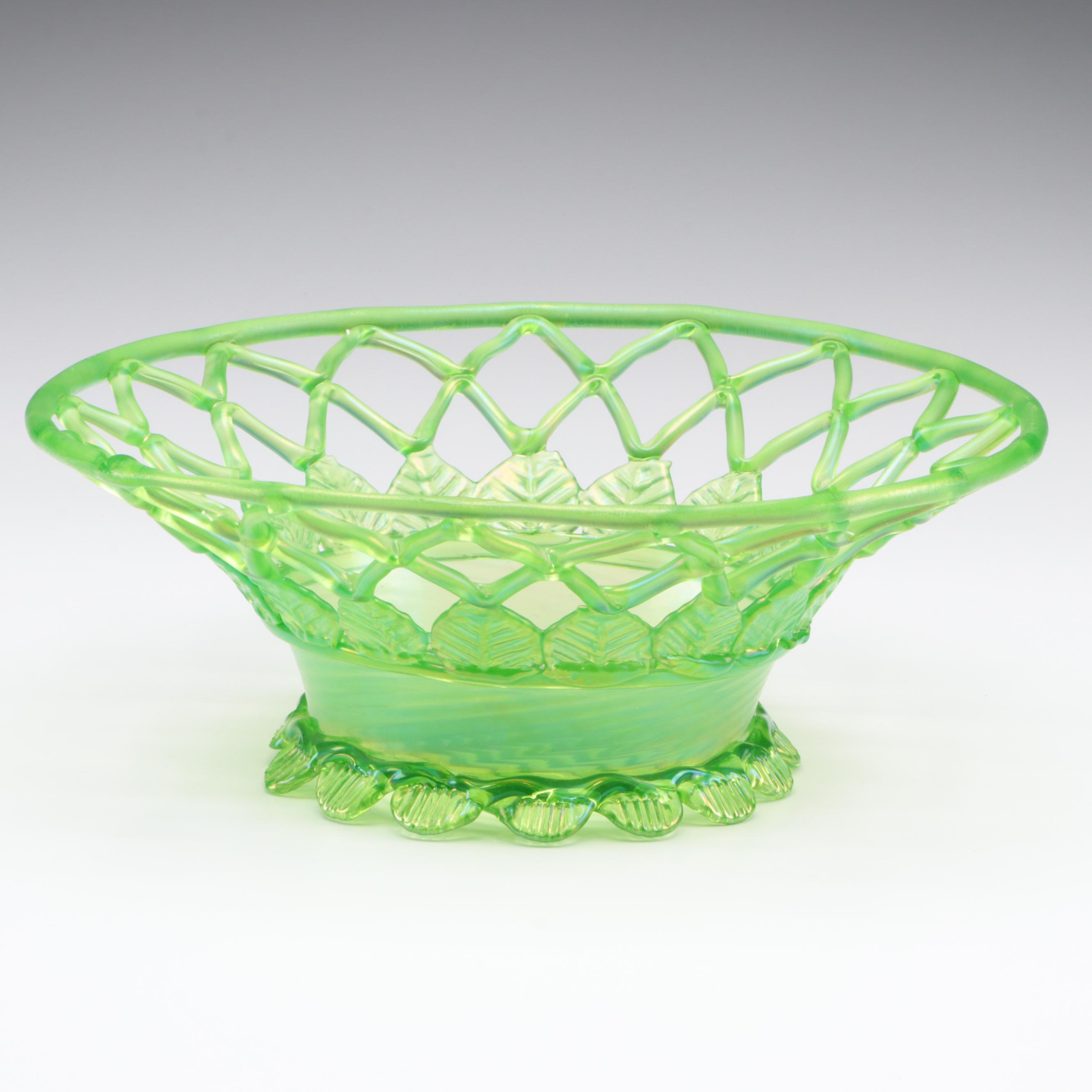 English Victorian Uranium Glass Centerpiece Basket,  Late 19th Century