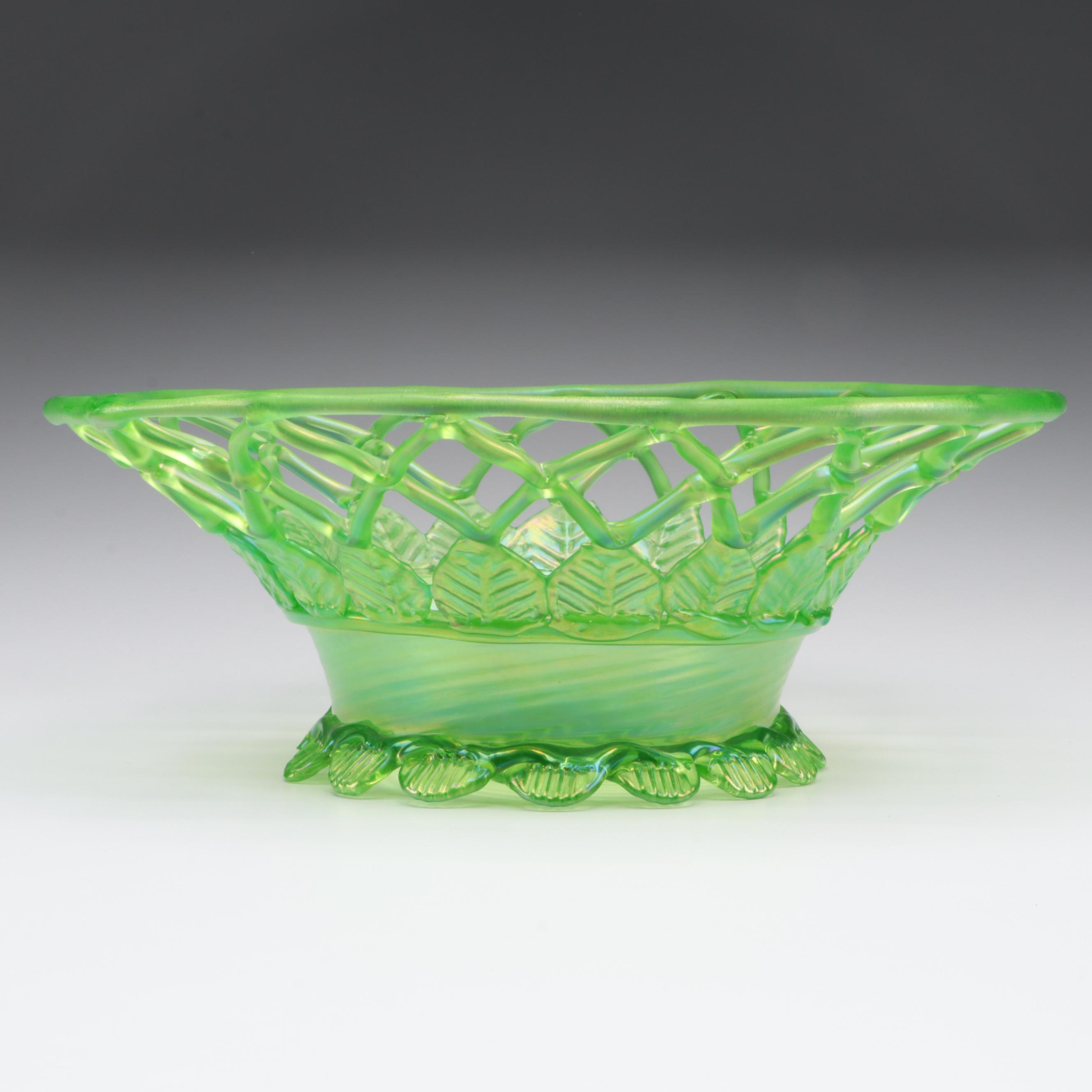 English Victorian Uranium Glass Centerpiece Basket,  Late 19th Century