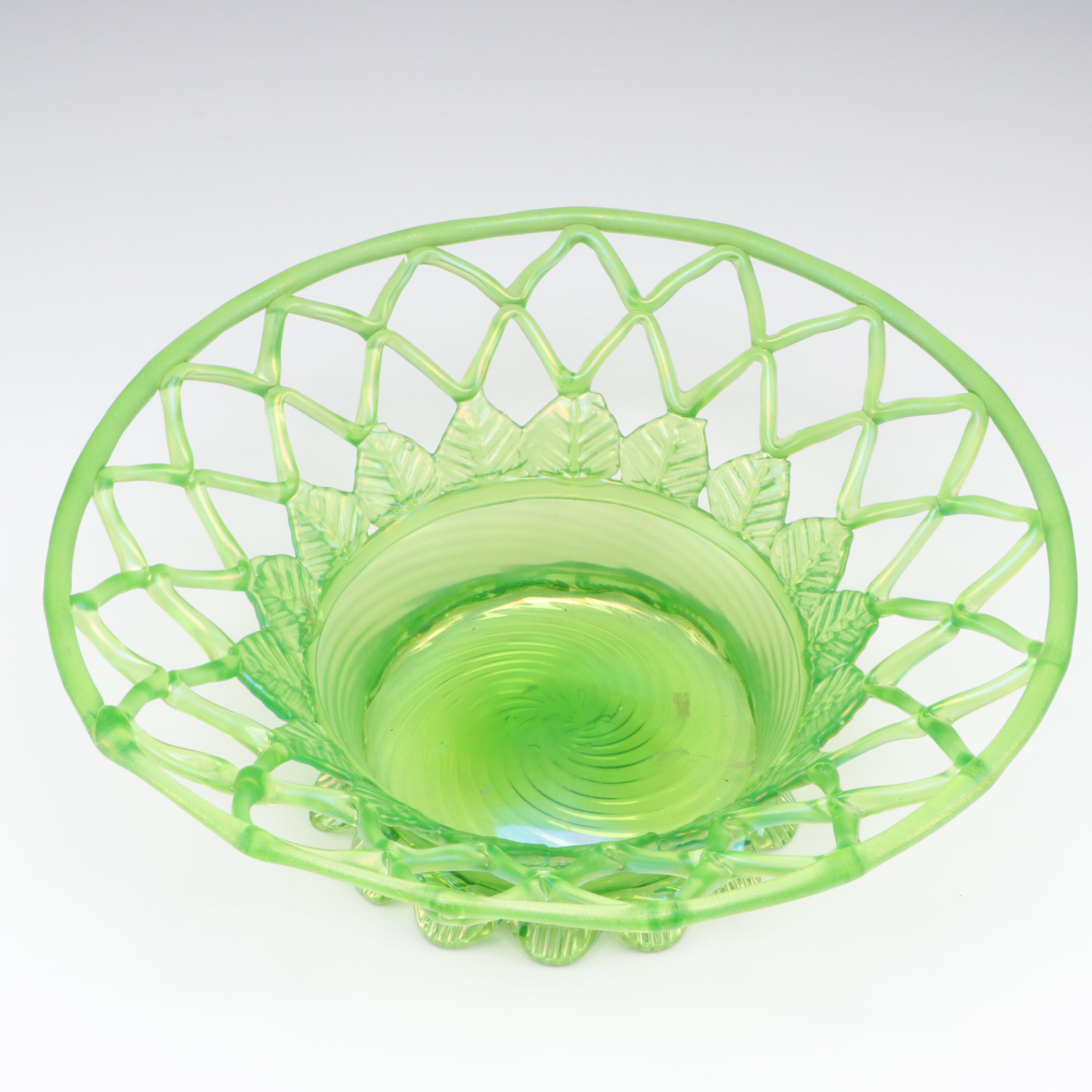 English Victorian Uranium Glass Centerpiece Basket,  Late 19th Century