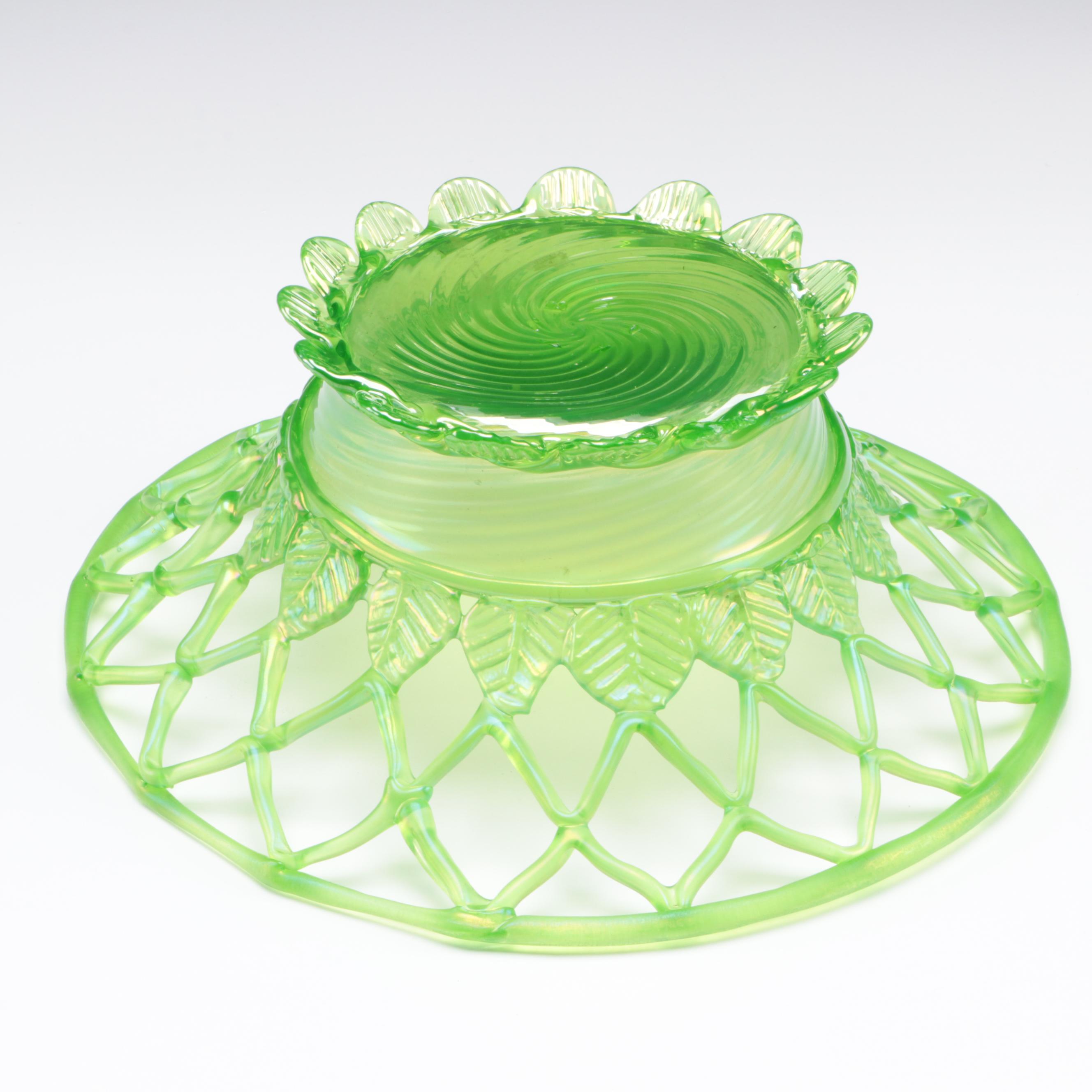 English Victorian Uranium Glass Centerpiece Basket,  Late 19th Century