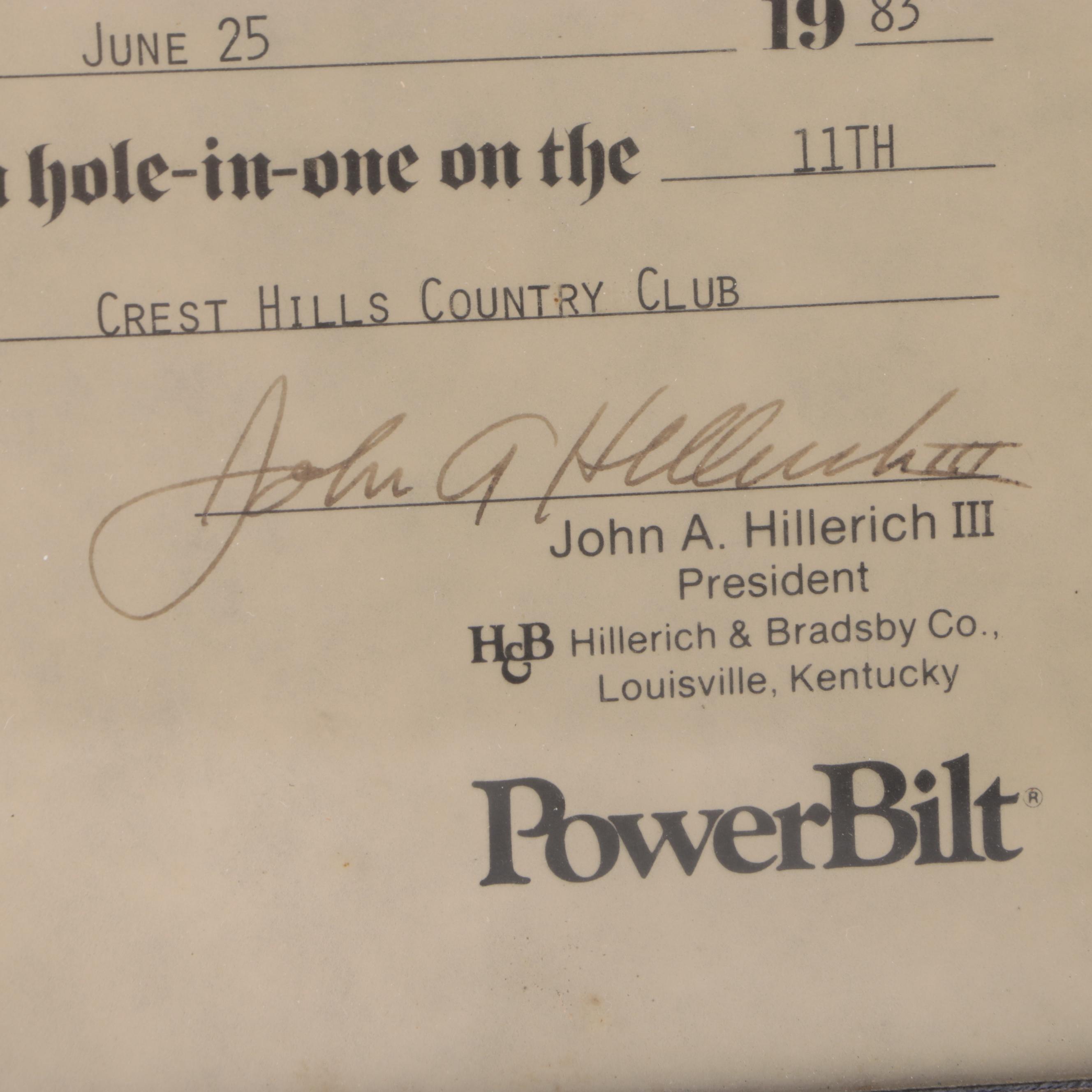 John A. Hillerich III Signed Country Club Hole-in-One Certificate, 1983