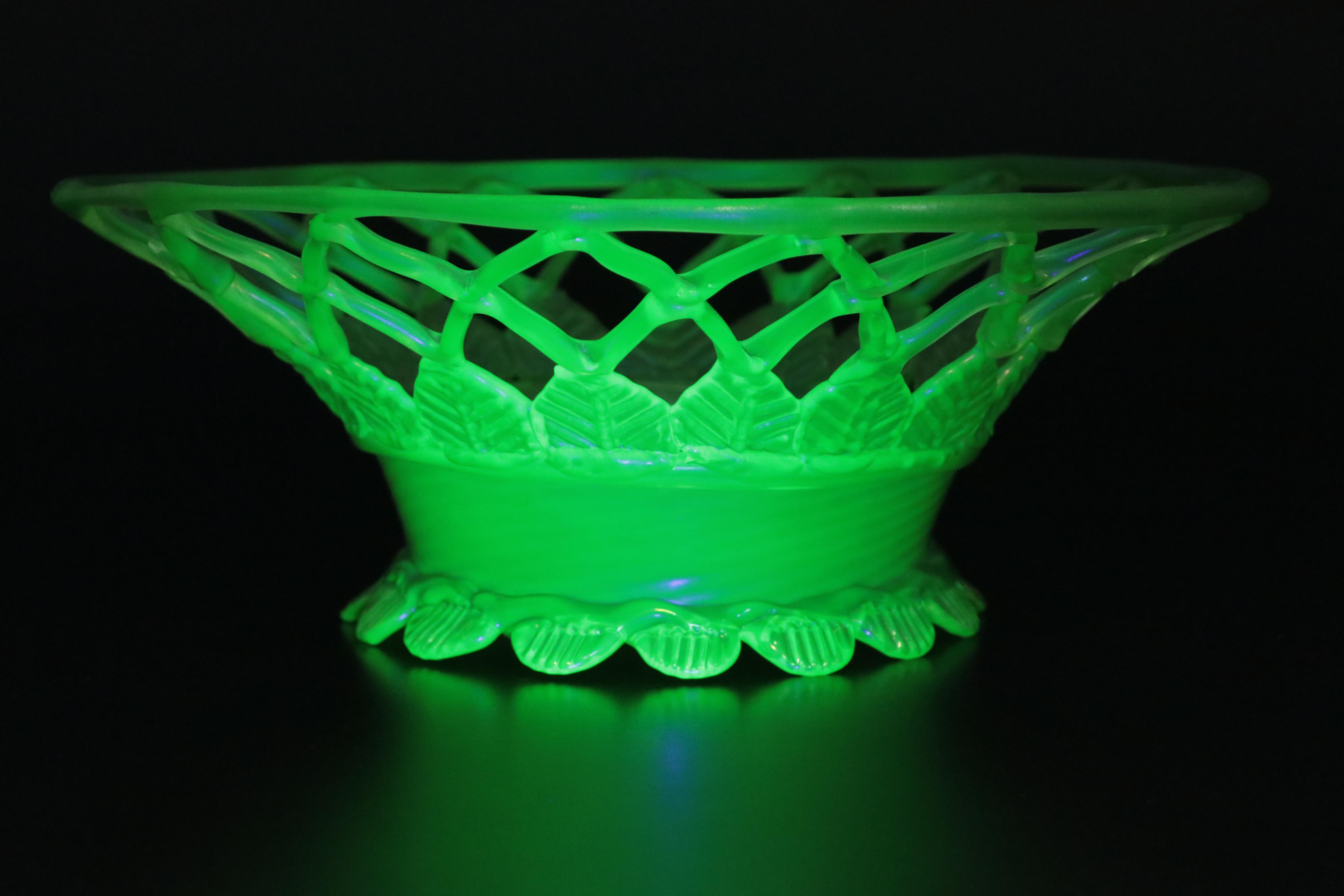 English Victorian Uranium Glass Centerpiece Basket,  Late 19th Century
