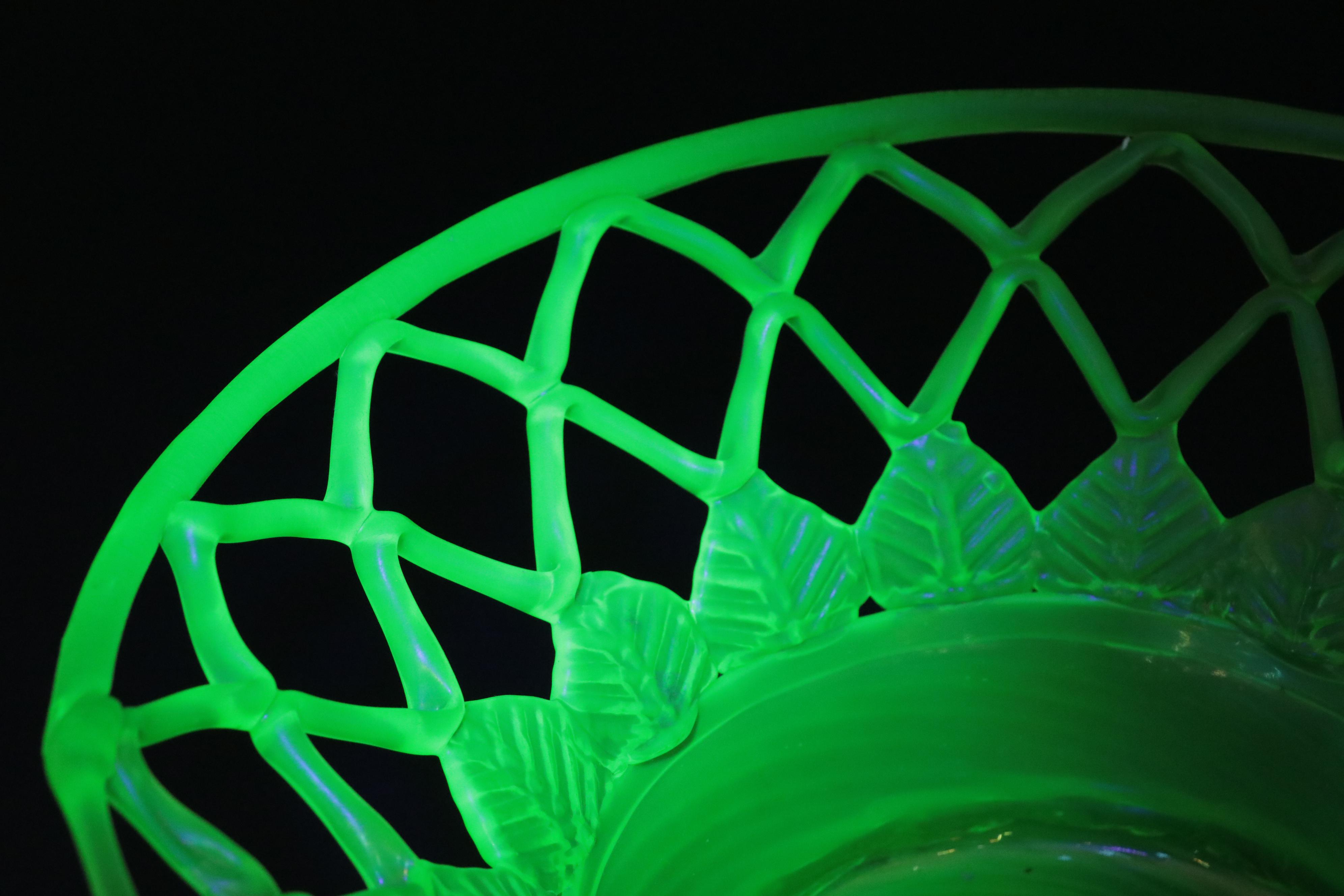 English Victorian Uranium Glass Centerpiece Basket,  Late 19th Century