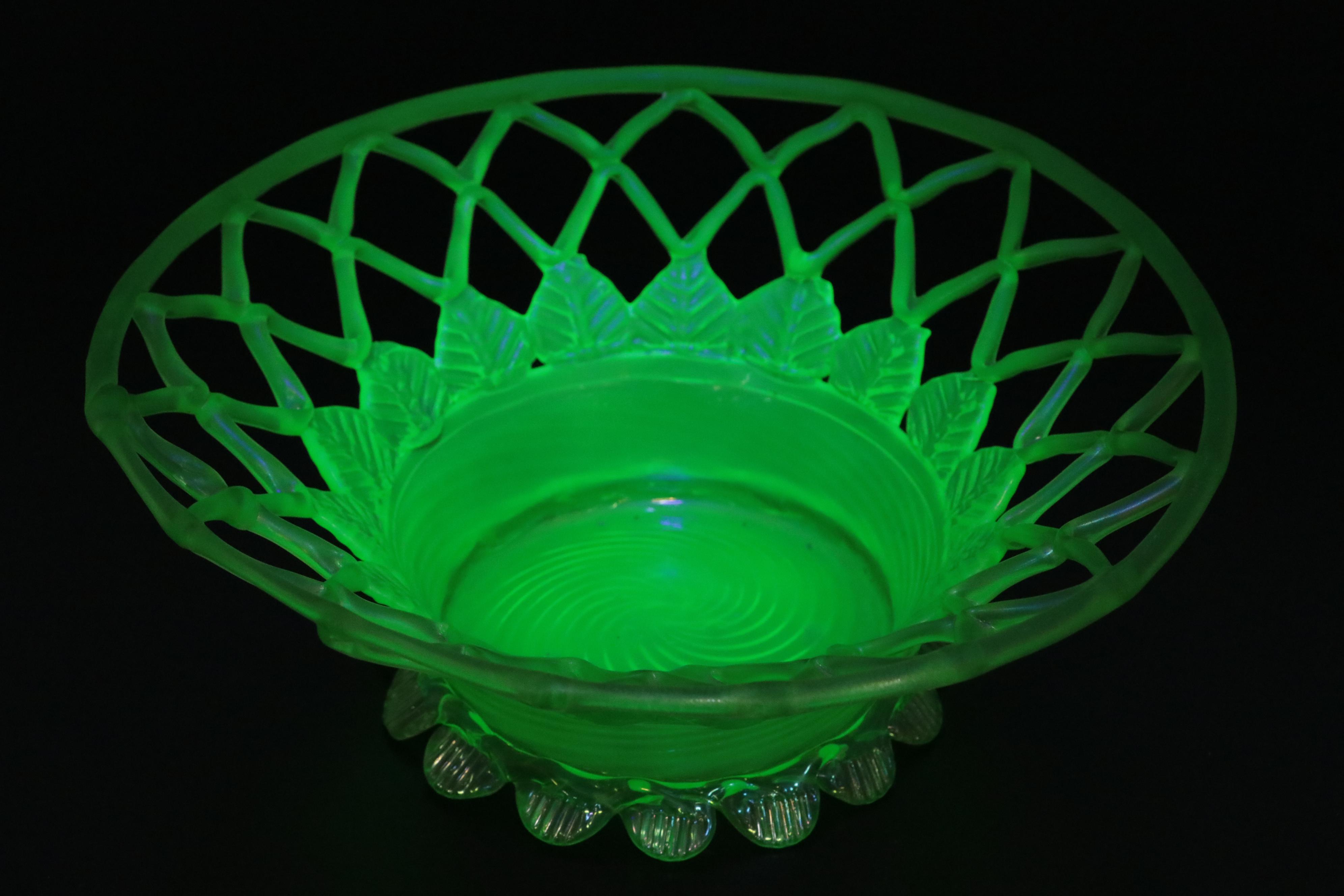 English Victorian Uranium Glass Centerpiece Basket,  Late 19th Century