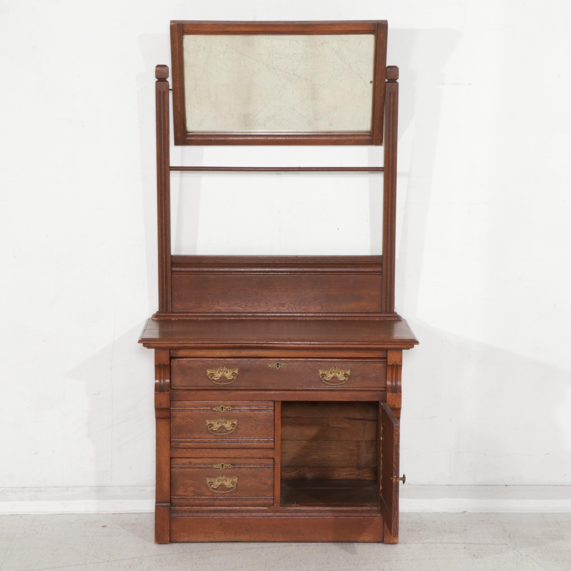 Victorian Oak Washstand and Mirror, Late 19th to Early 20th Century