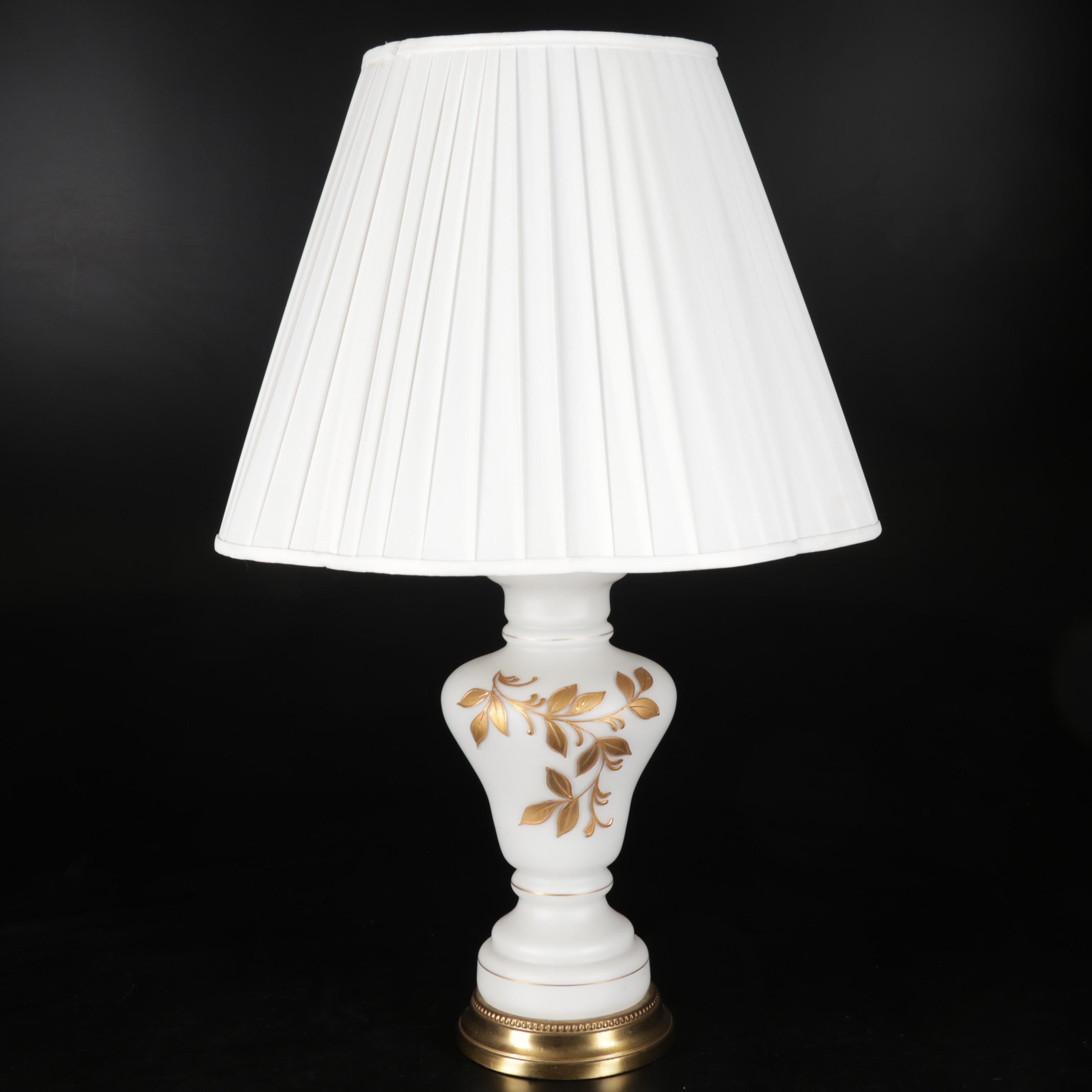 Hand-Painted Gold on White Glass Table Lamp, Late 20th Century