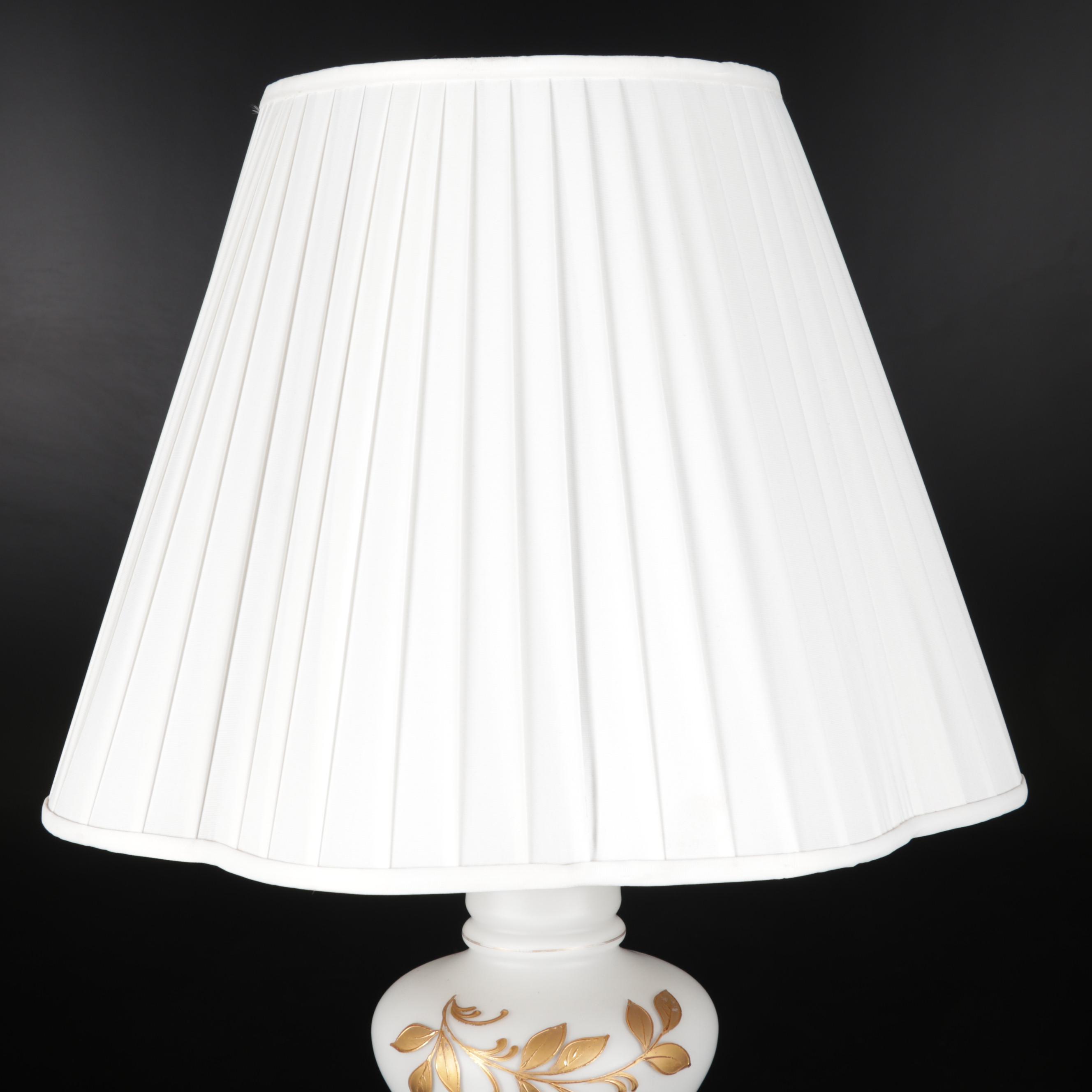 Hand-Painted Gold on White Glass Table Lamp, Late 20th Century