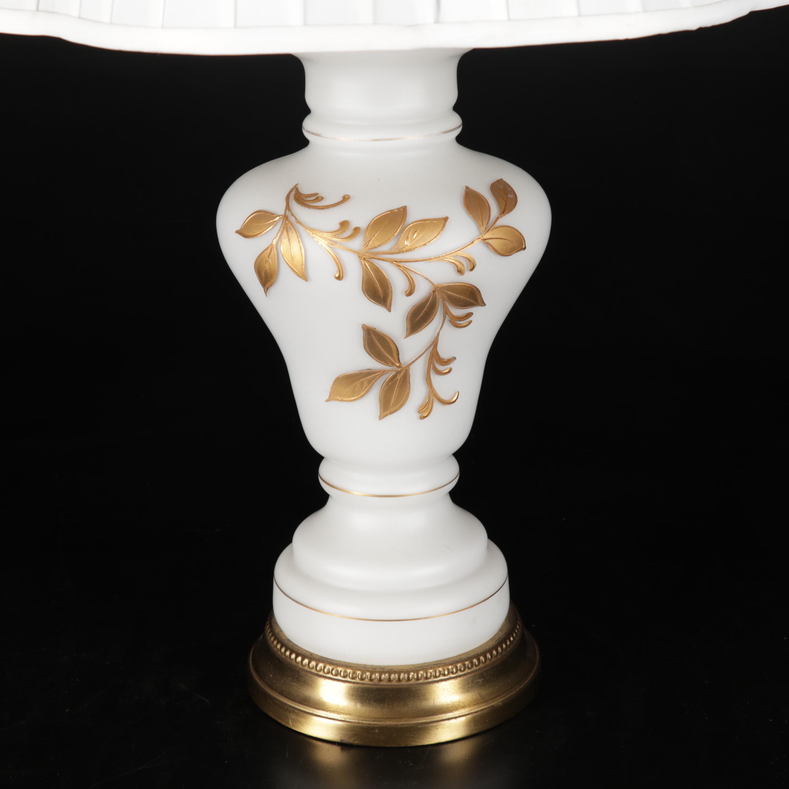 Hand-Painted Gold on White Glass Table Lamp, Late 20th Century